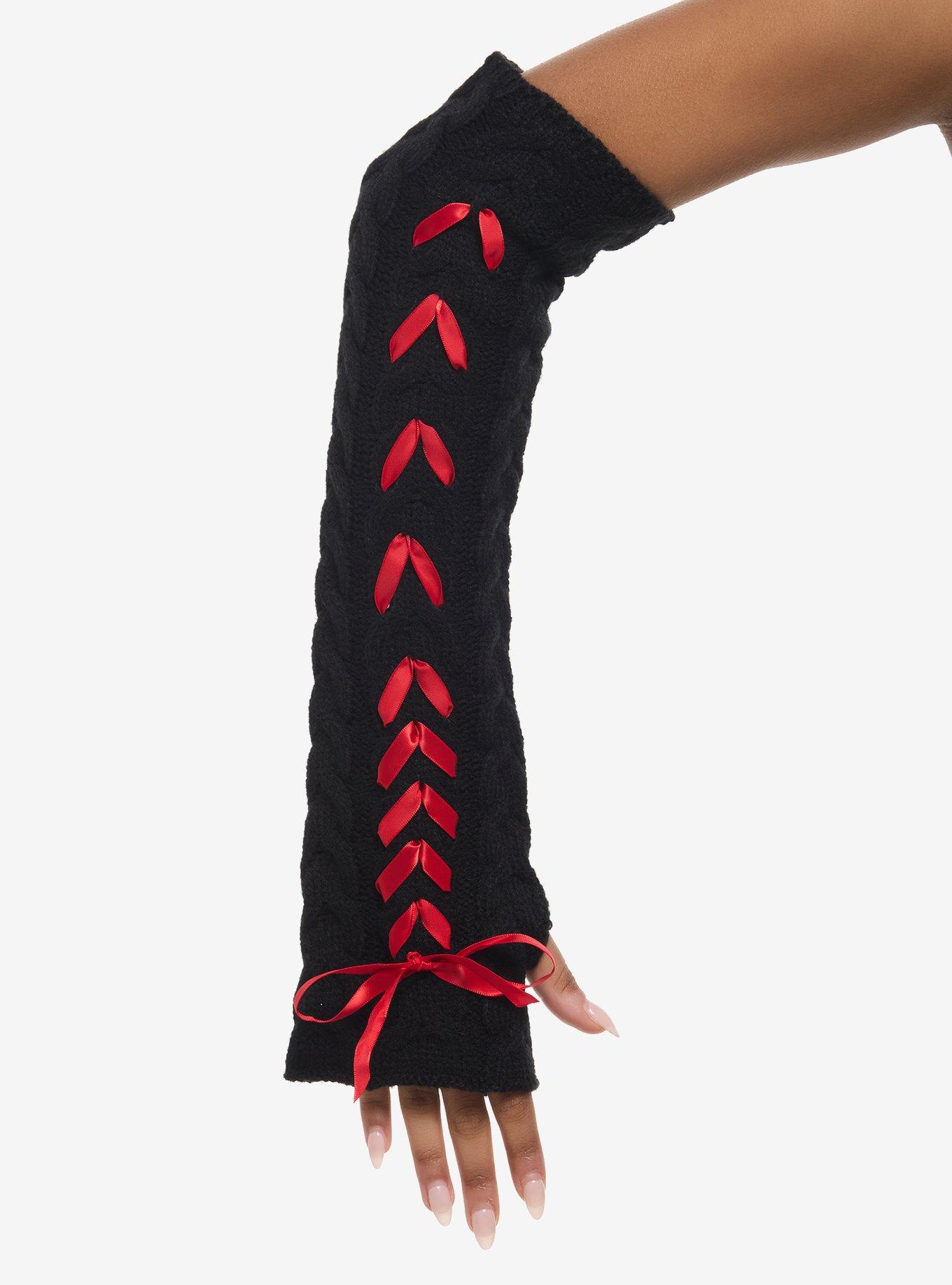 Black & Red Lace-Up Knit Arm Warmers, , hi-res