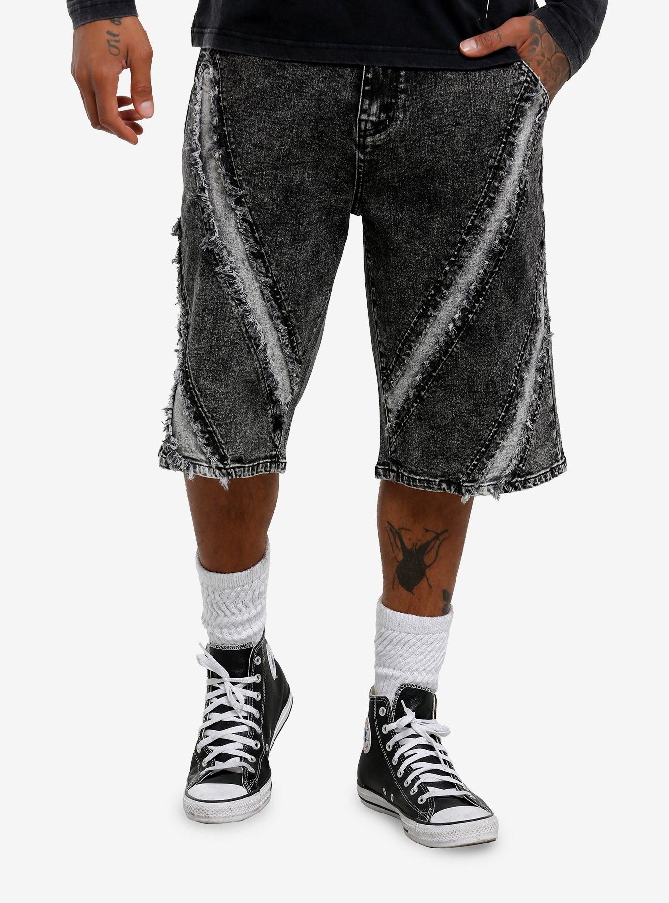Black & Grey Acid Wash Frayed Paneled Denim Shorts, , hi-res