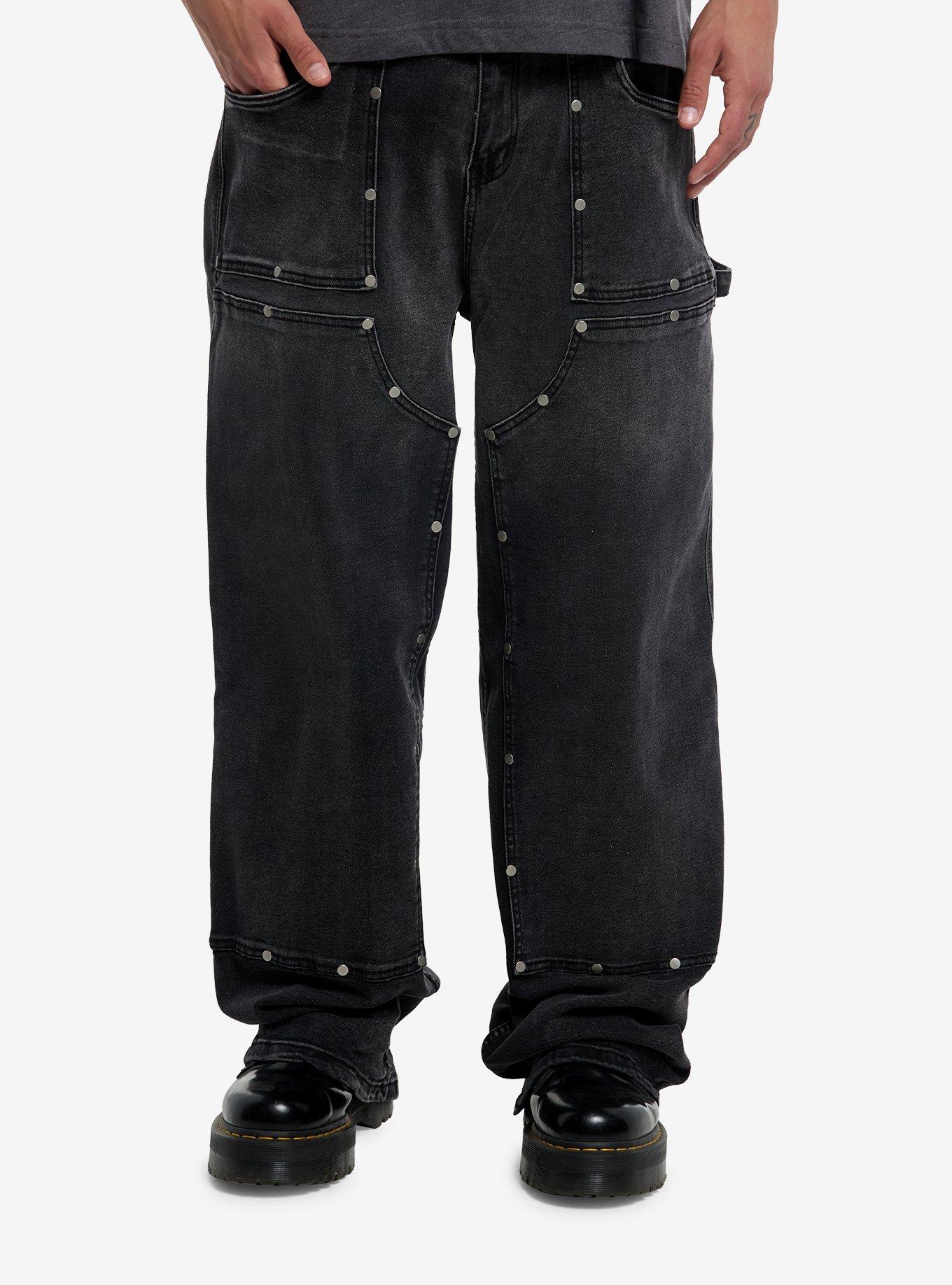 Faded Black Wash Studded Carpenter Jeans, , hi-res