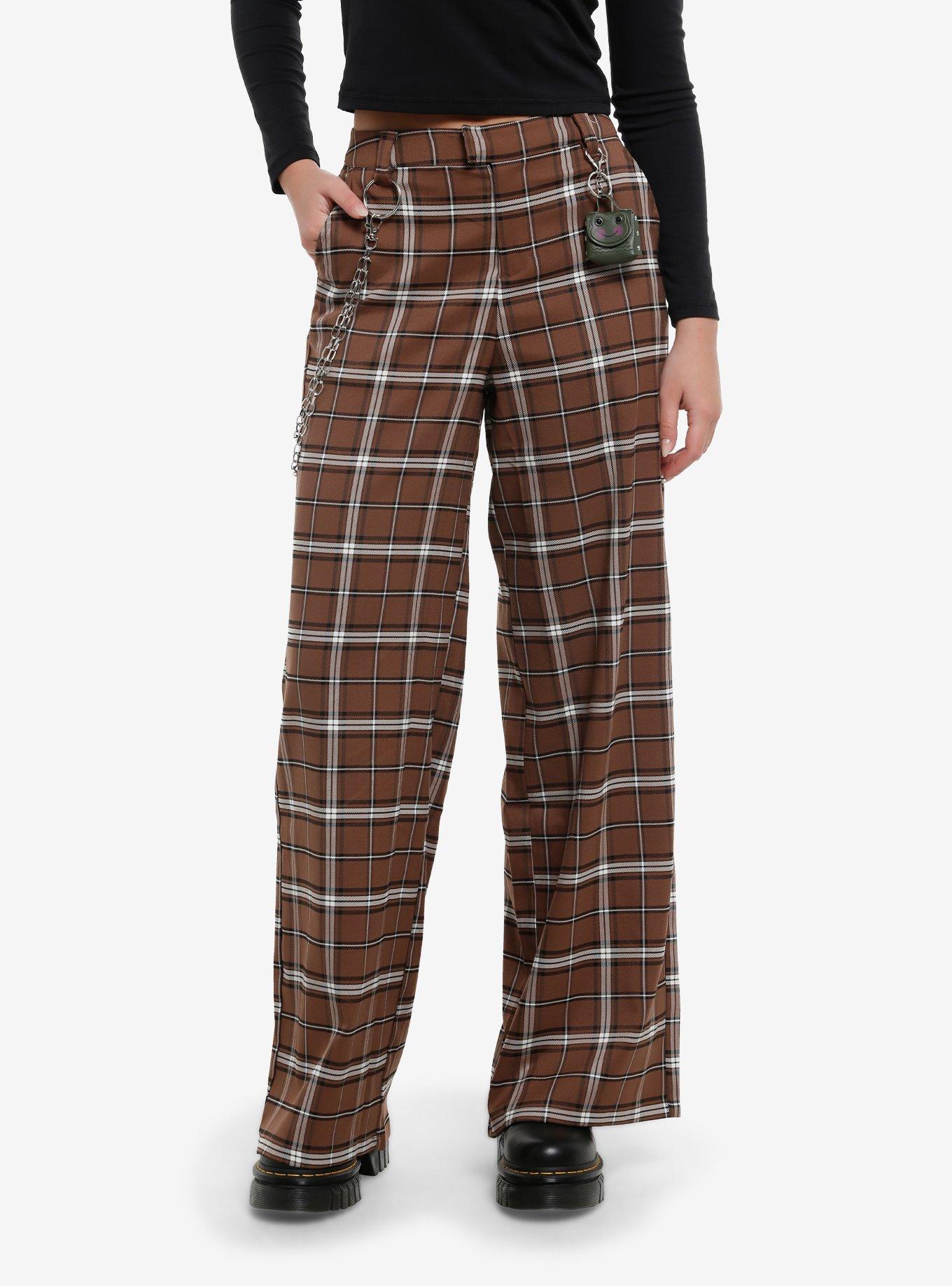 Brown Plaid Wide Leg Girls Trousers With Frog Pouch, , hi-res