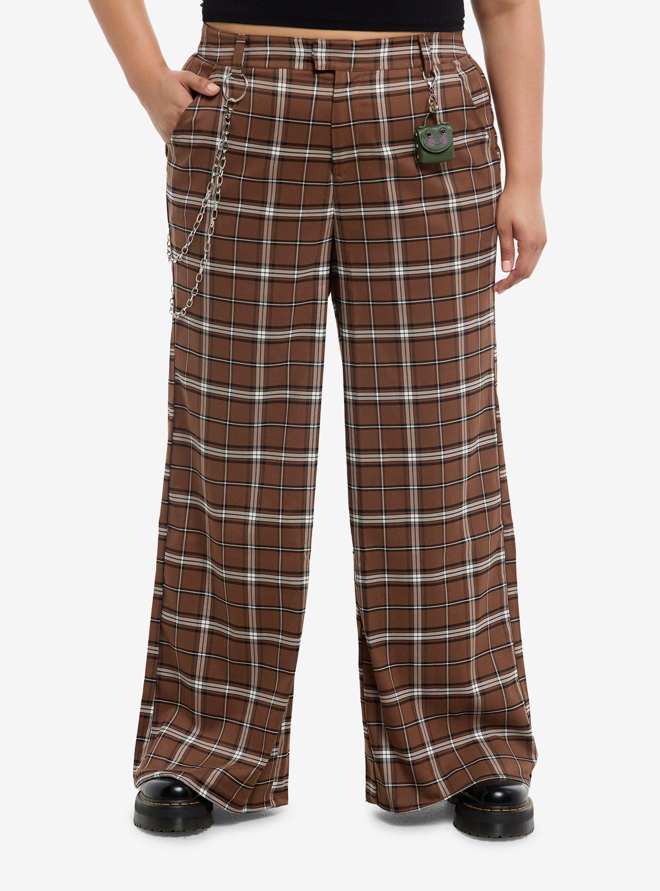 Brown Plaid Wide Leg Girls Trousers With Frog Pouch Plus Size, , hi-res