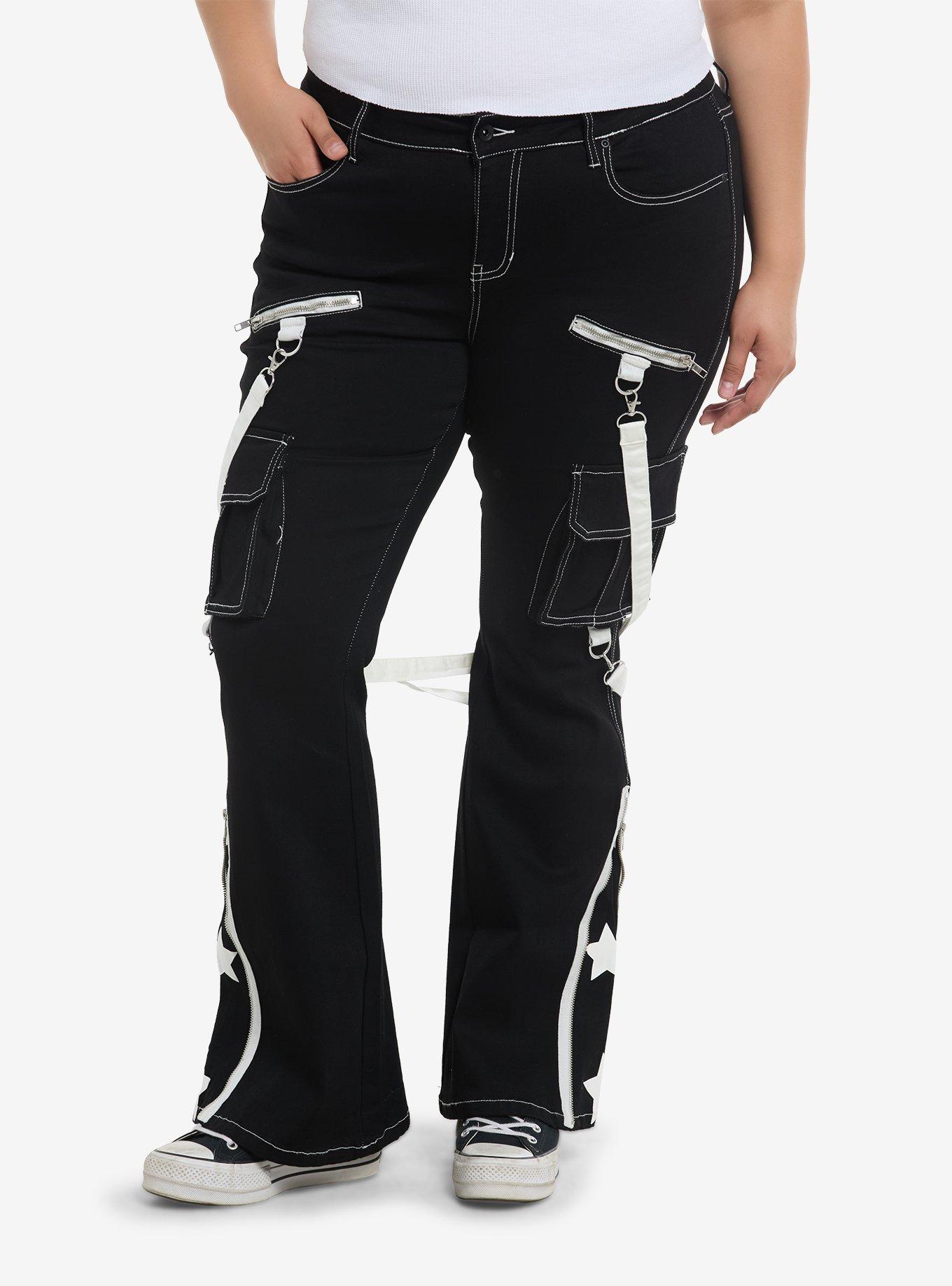 White Star Suspender Flare Denim Pants Plus Size, , hi-res