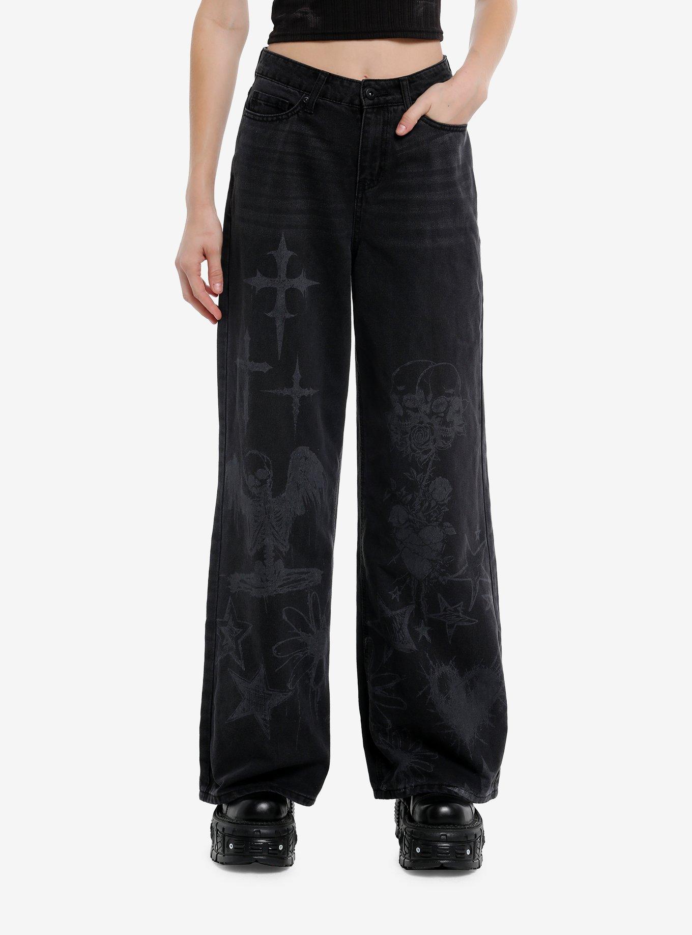 Social Collision Skull & Cross Hi-Rise Wide Leg Jeans, , hi-res