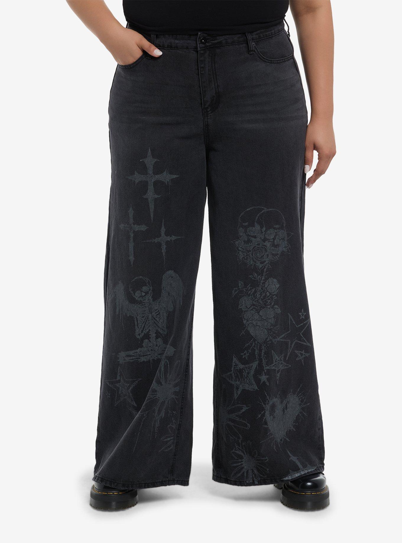 Social Collision Skull & Cross Hi-Rise Wide Leg Jeans Plus Size, , hi-res