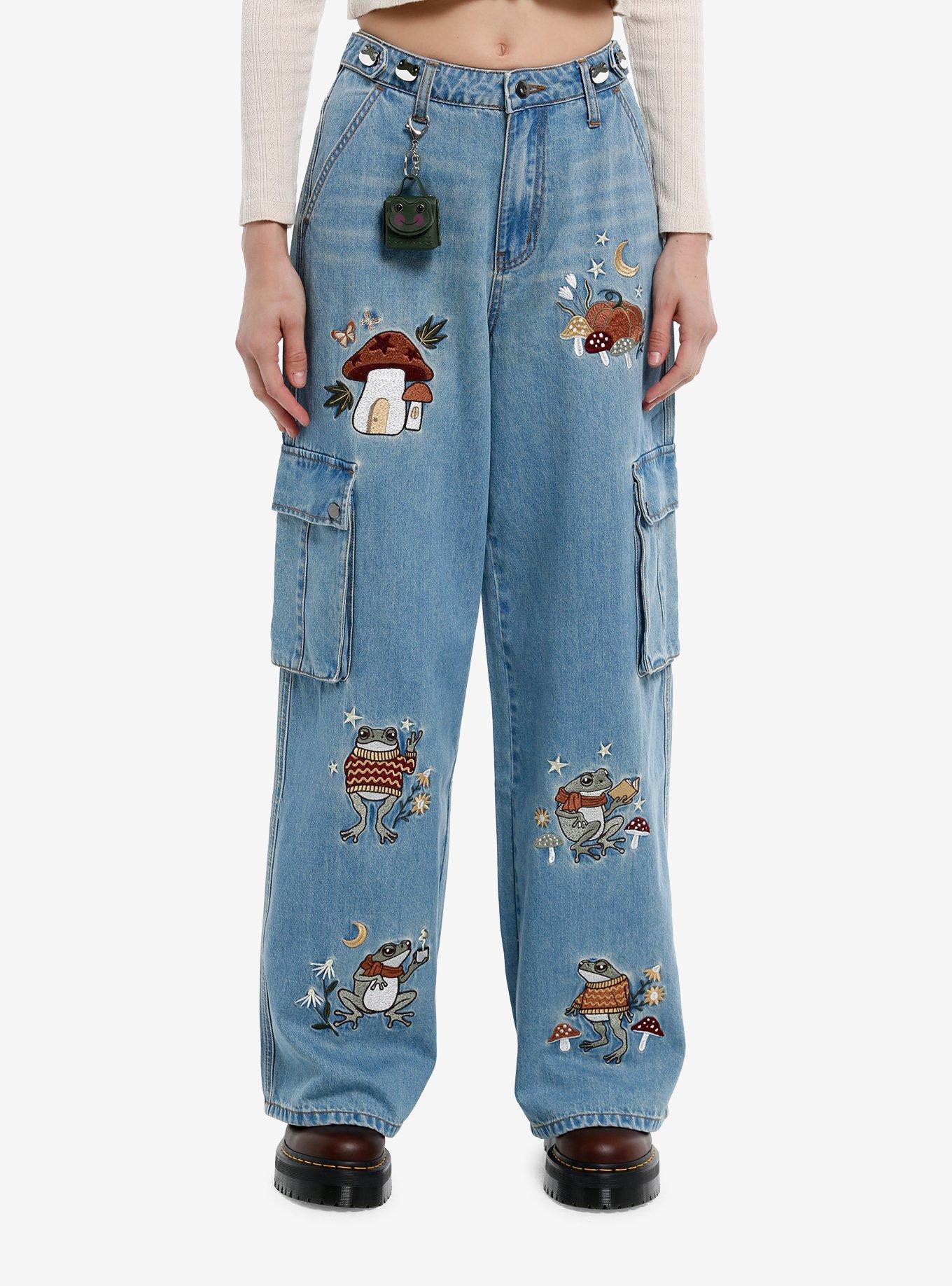Light Indigo Frog Mushroom Embroidered Wide Leg Cargo Jeans, , hi-res