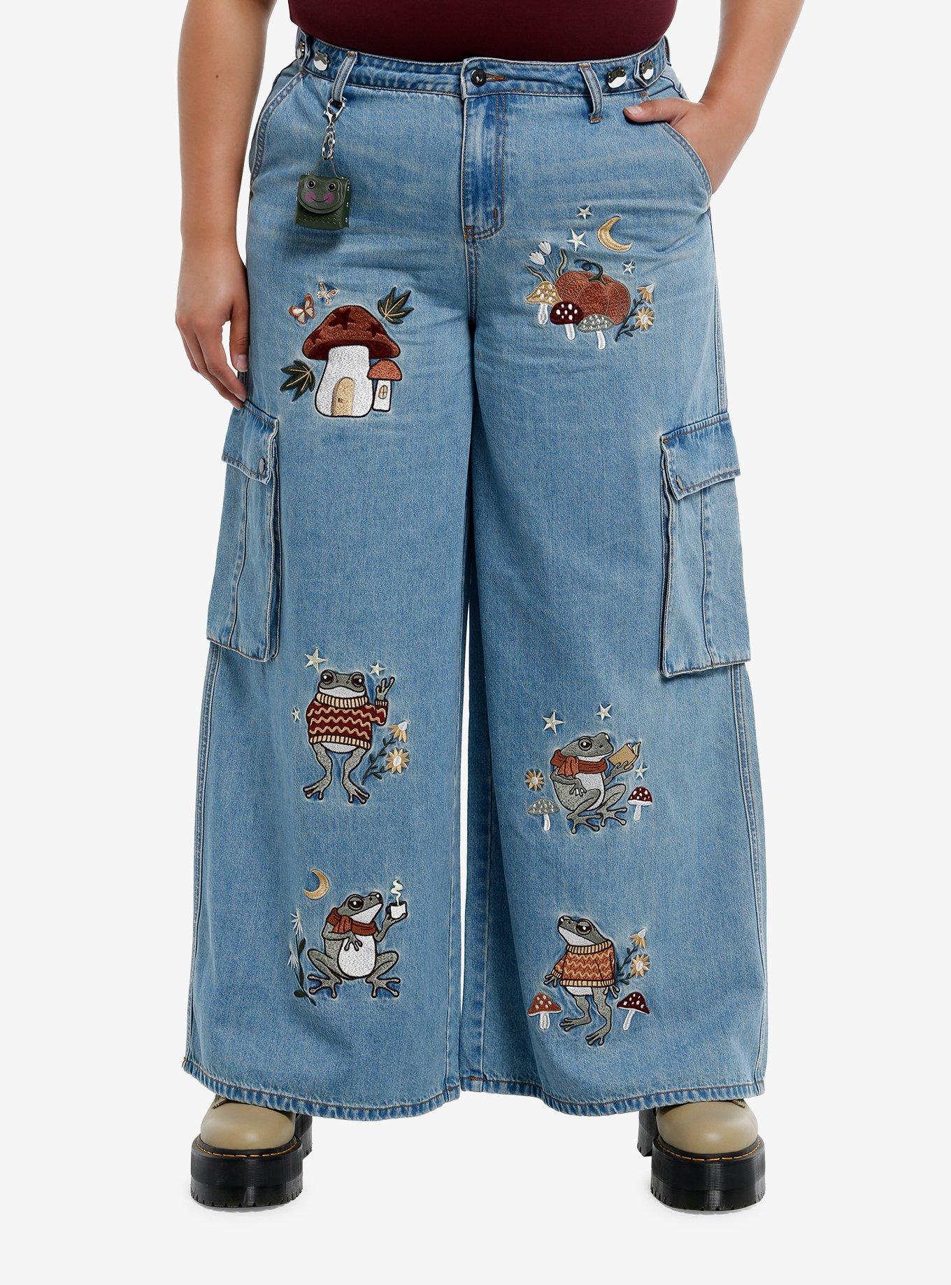 Light Indigo Frog Mushroom Embroidered Wide Leg Cargo Jeans Plus Size, , hi-res