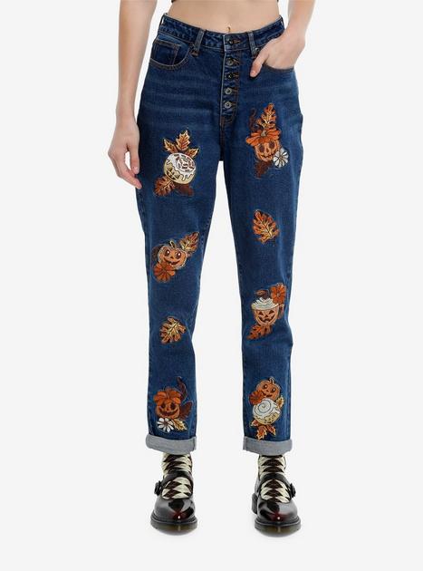 Dark Indigo Jack-O'-Lantern Treats Embroidered Mom Jeans | Hot Topic