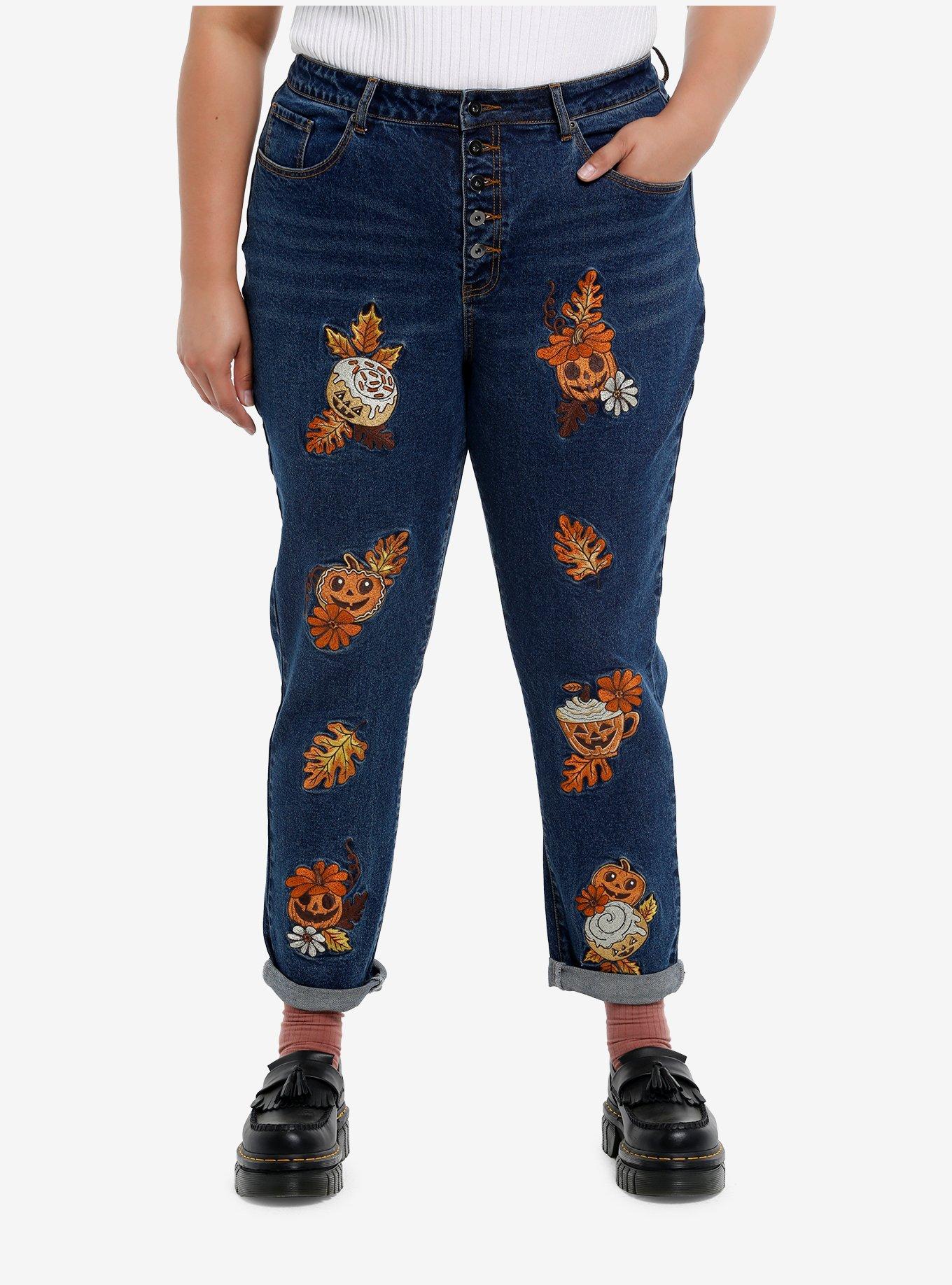 Dark Indigo Jack-O'-Lantern Treats Embroidered Mom Jeans Plus Size, , hi-res