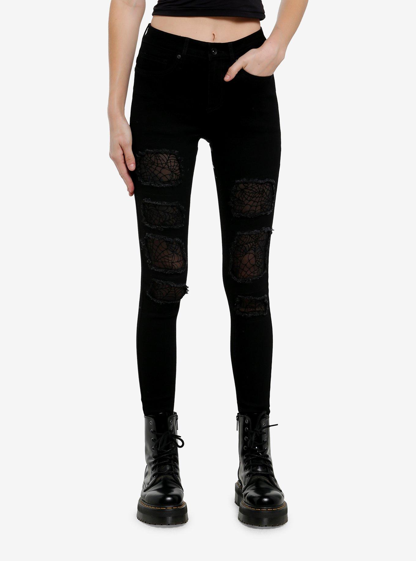 Black Spiderweb Mesh Destructed Skinny Jeans, , hi-res