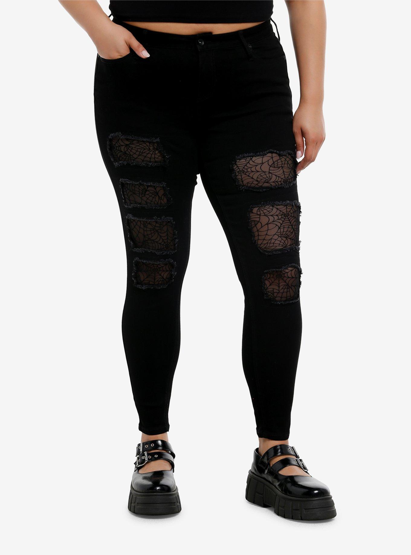 Black Spiderweb Mesh Destructed Skinny Jeans Plus Size, , hi-res