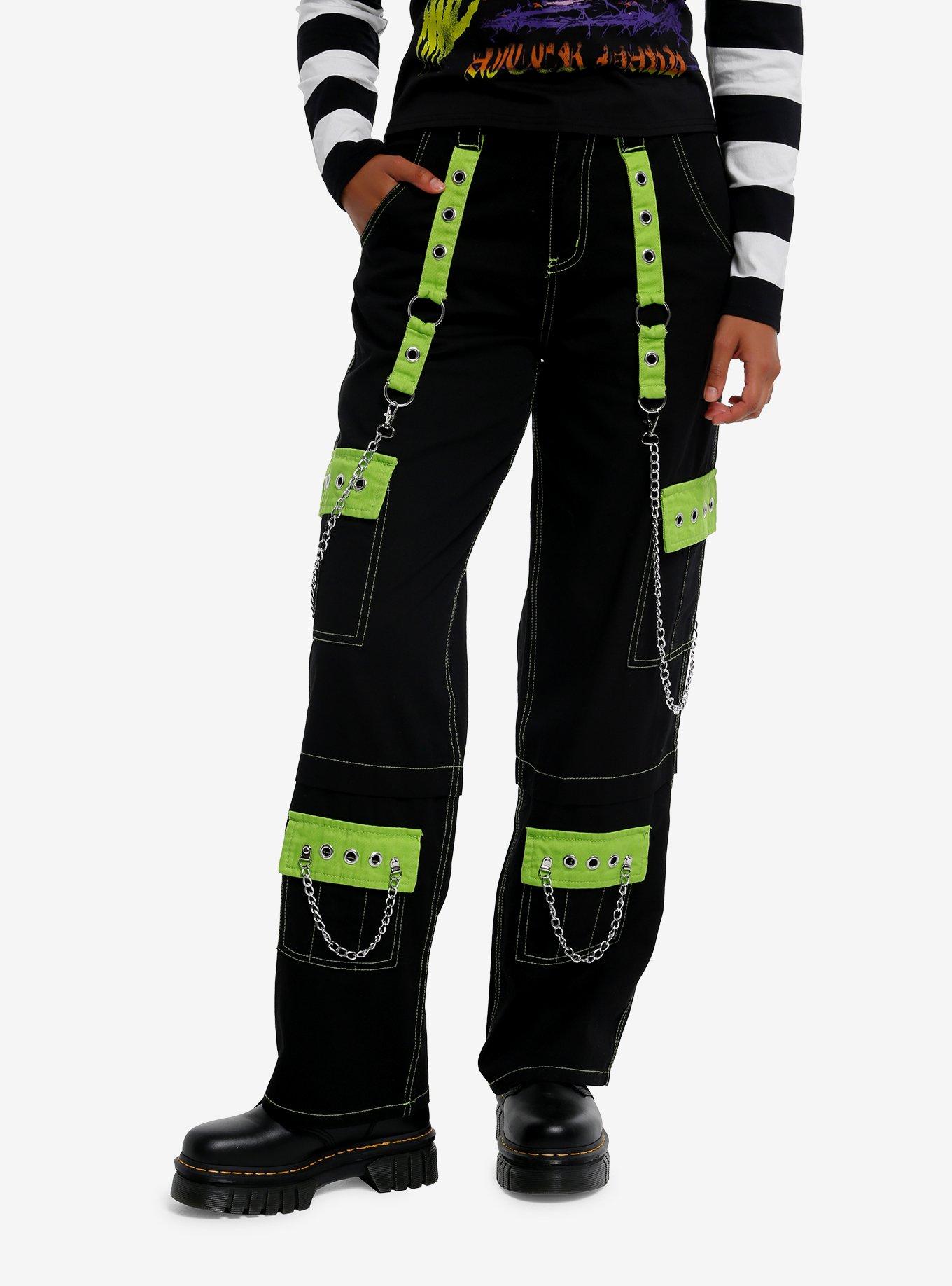 Black & Neon Green Grommet Chain Wide Leg Cargo Pants, , hi-res