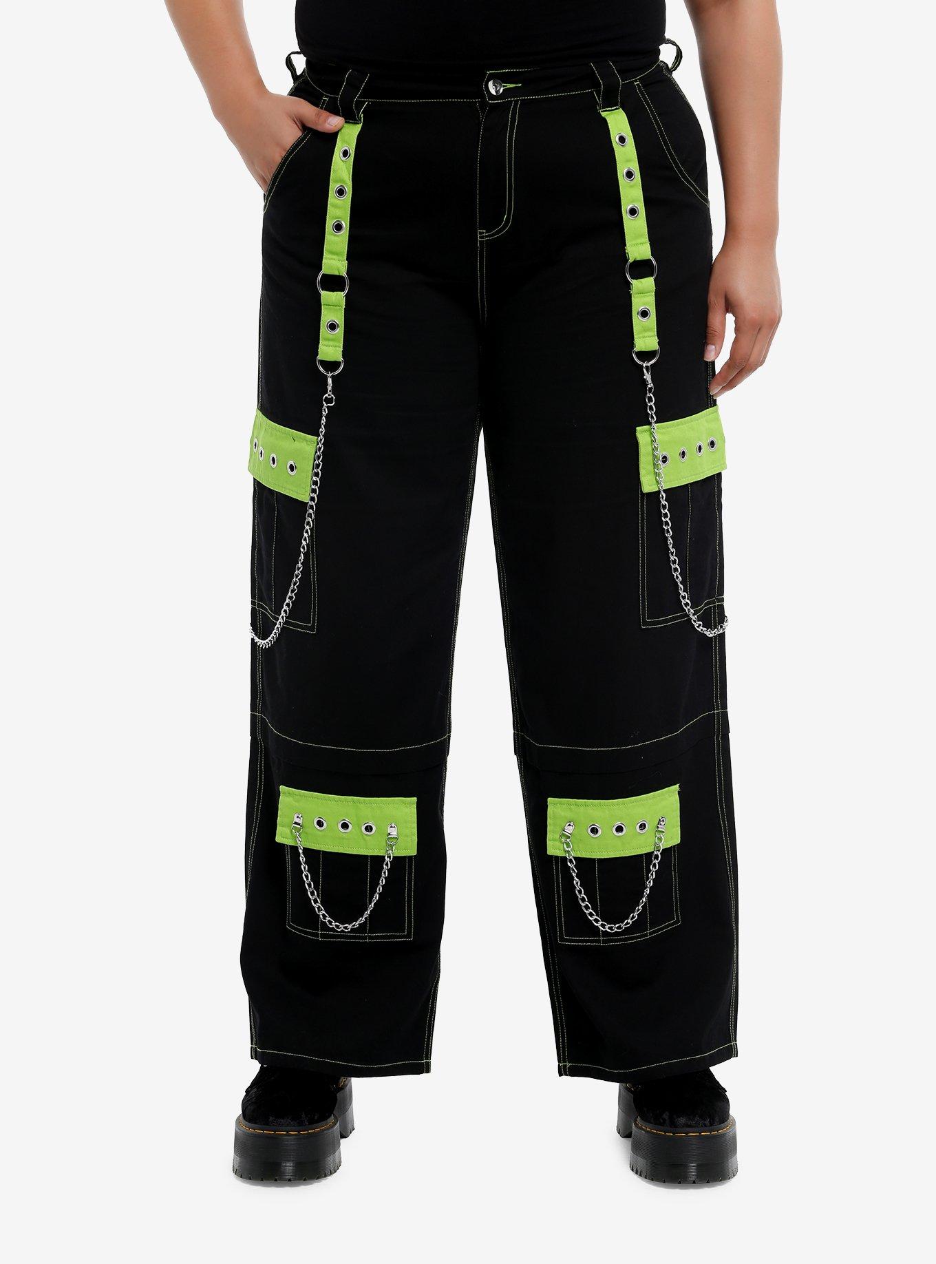 Black & Neon Green Grommet Chain Wide Leg Cargo Pants, , hi-res