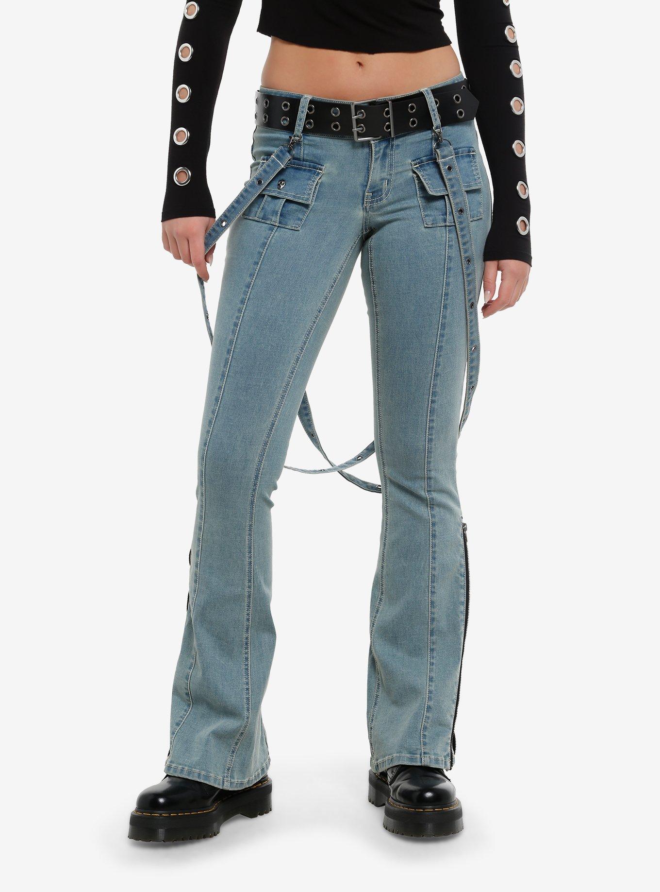 Social Collision Light Indigo Suspender Low Rise Flare Pants With Grommet Belt, , hi-res