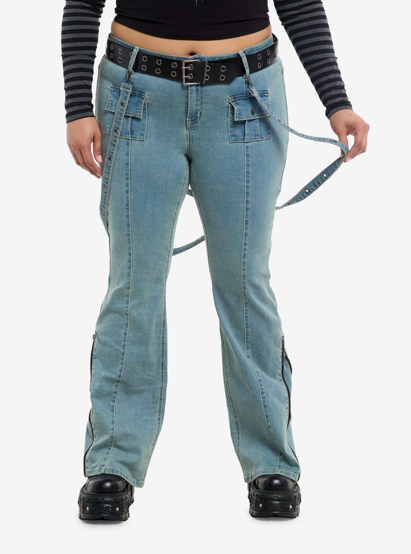 Social Collision Light Indigo Suspender Low Rise Flare Pants With Grommet Belt Plus Size, , hi-res