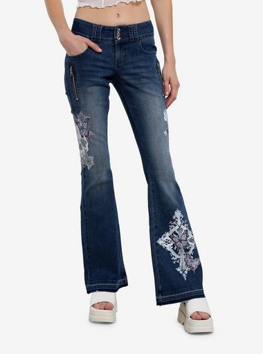 Social Collision Butterfly Skull Low-Rise Denim Flare Jeans | Hot