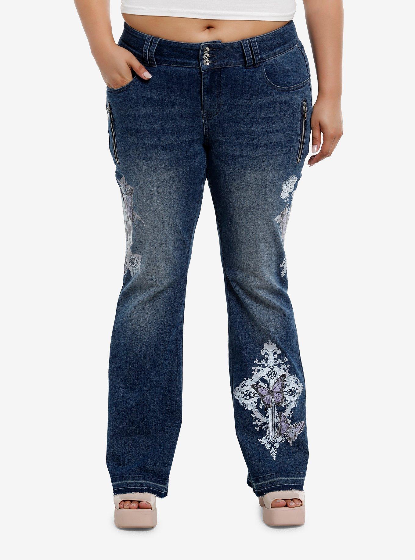 Social Collision Butterfly Skull Low-Rise Denim Flare Jeans Plus Size, , hi-res