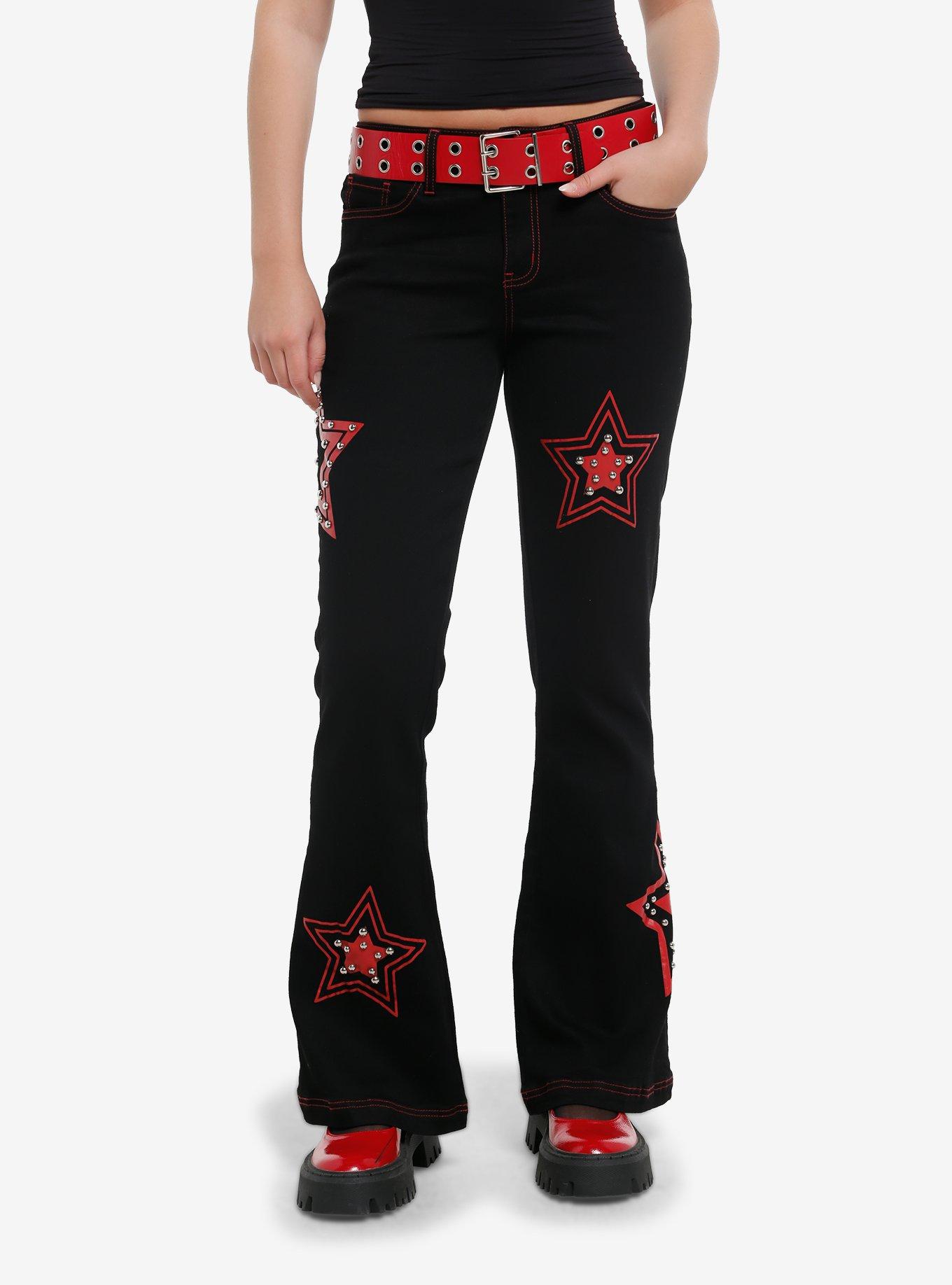 Social Collision Red Star Studded Black Low Rise Flares With Grommet Belt, , hi-res