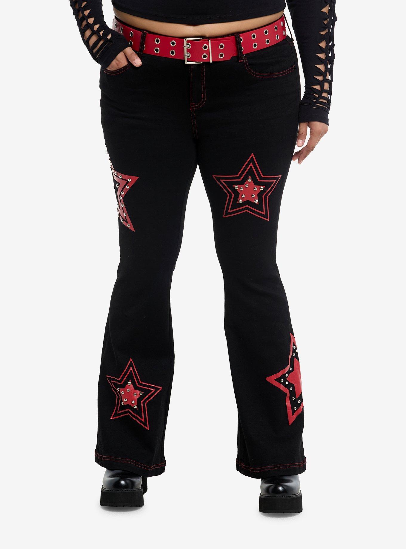 Social Collision Red Star Studded Black Low Rise Flares With Grommet Belt Plus Size, , hi-res