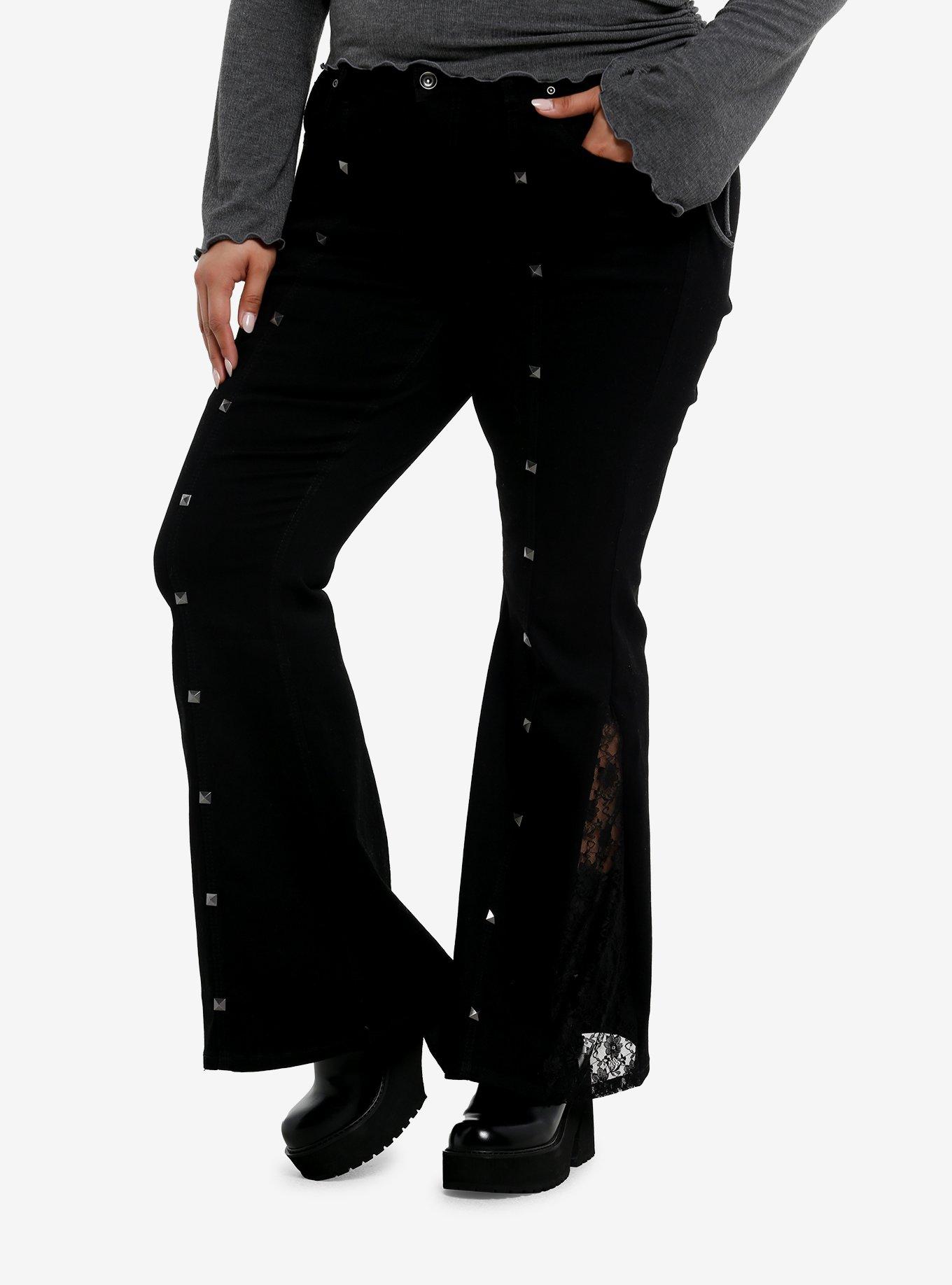 Black Stud Floral Lace Low-Rise Flare Jeans Plus Size, , hi-res