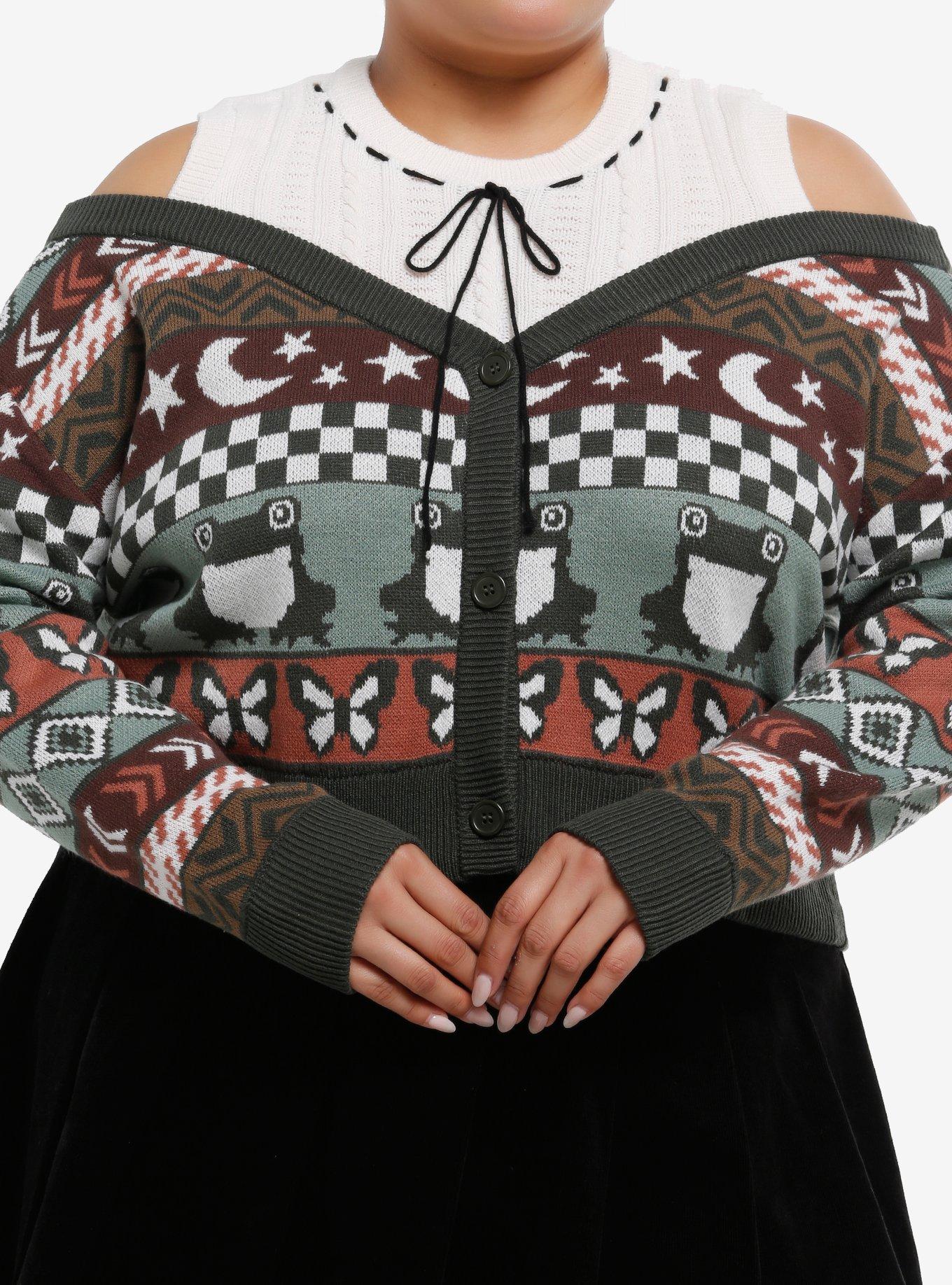 Thorn & Fable Frog & Butterfly Girls Twofer Cardigan Plus Size, , hi-res