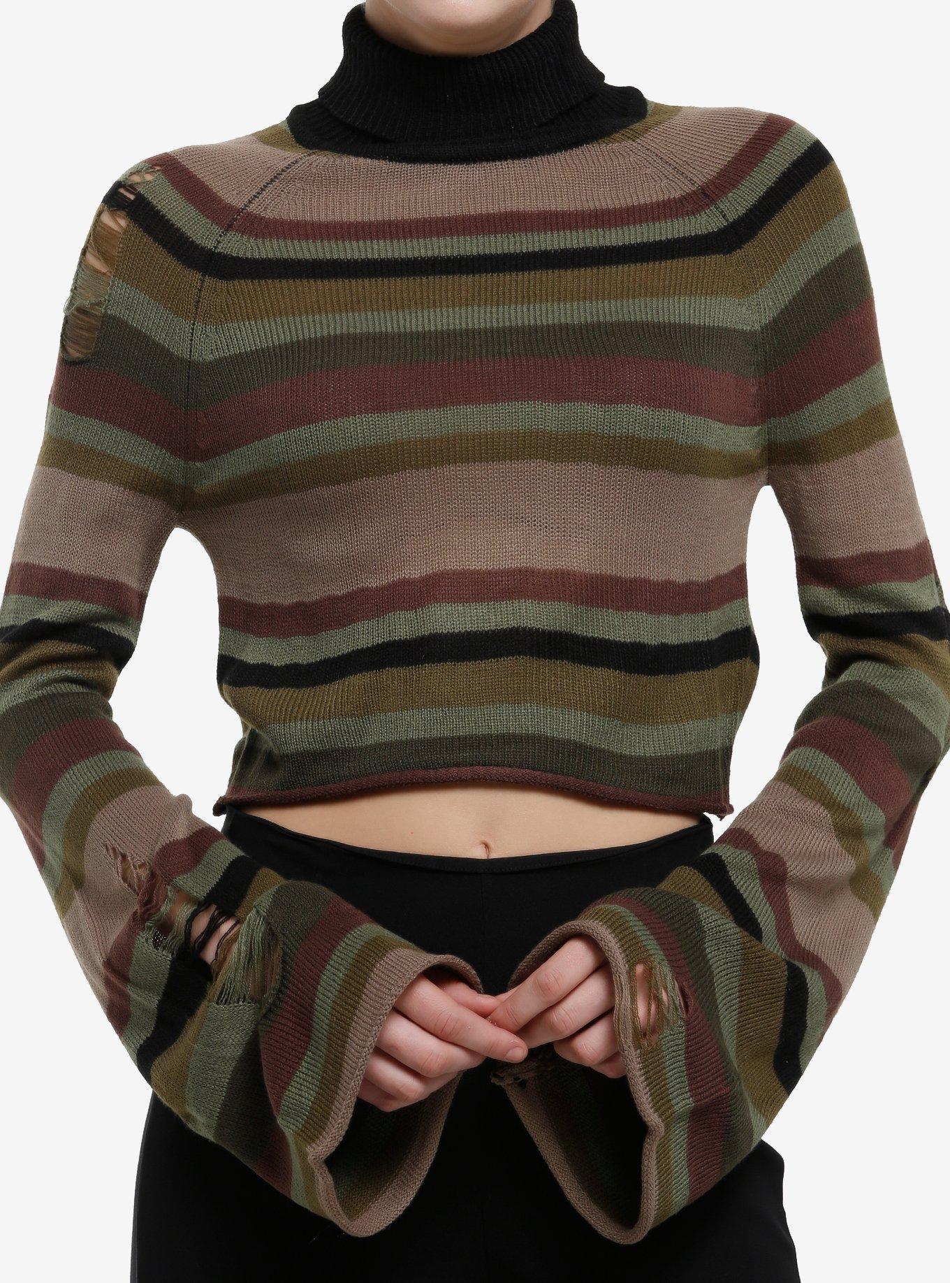 Social Collision Brown Black & Green Stripe Crop Girls Turtleneck Sweater, , hi-res