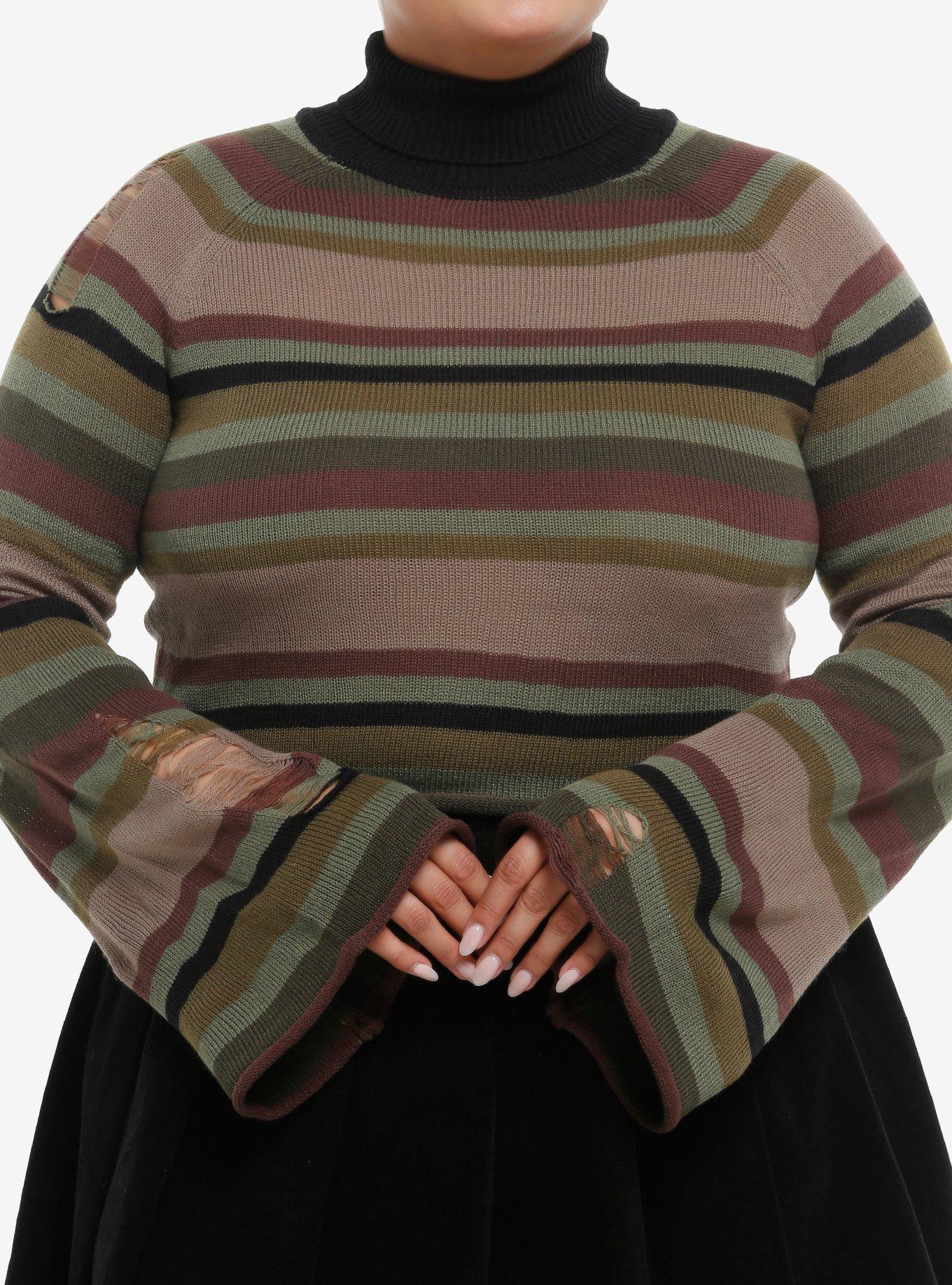 Social Collision Brown Black & Green Stripe Crop Girls Turtleneck Sweater Plus Size, , hi-res