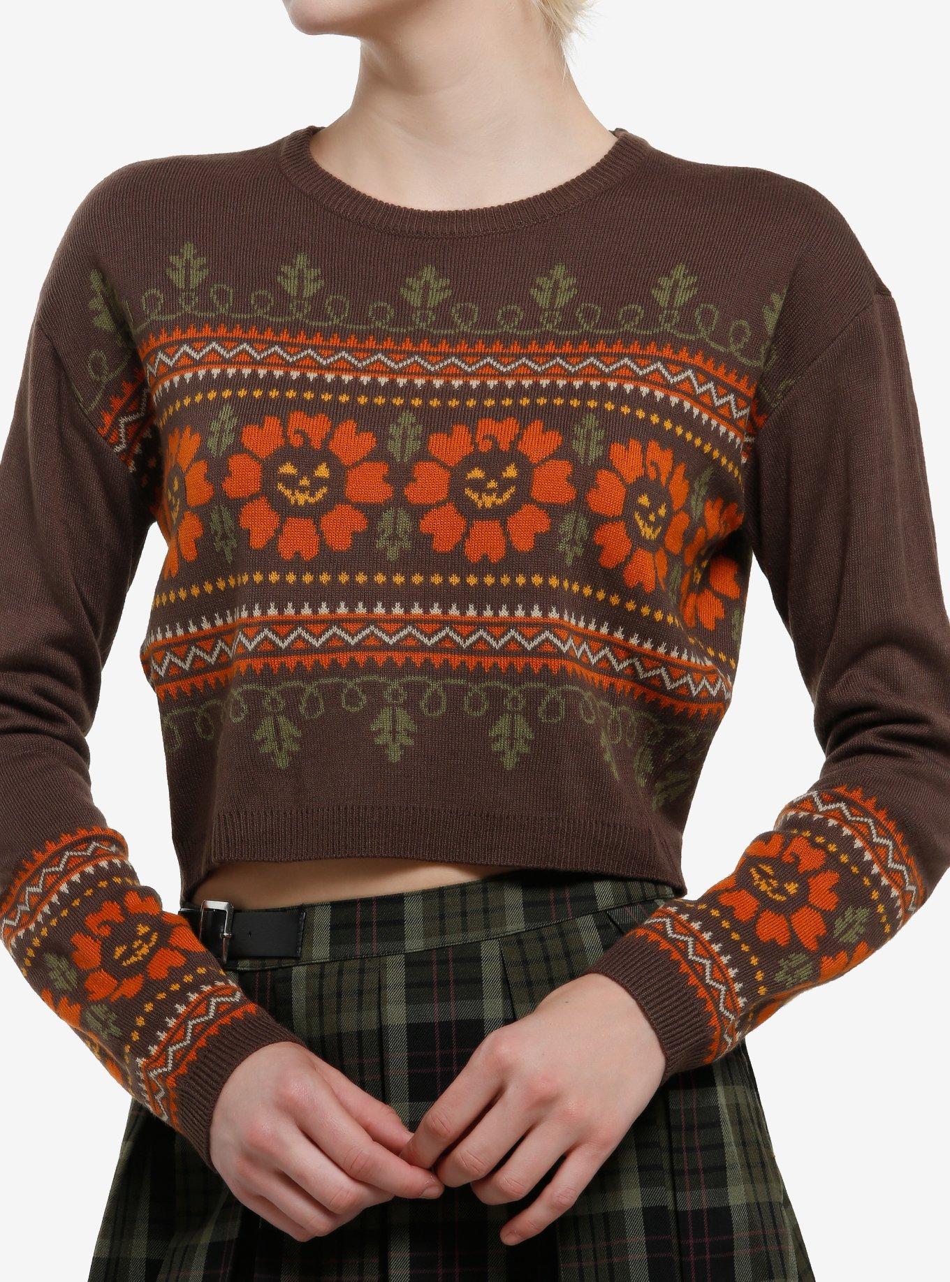 Thorn & Fable Jack-O'-Lantern Flower Crop Girls Sweater, , hi-res