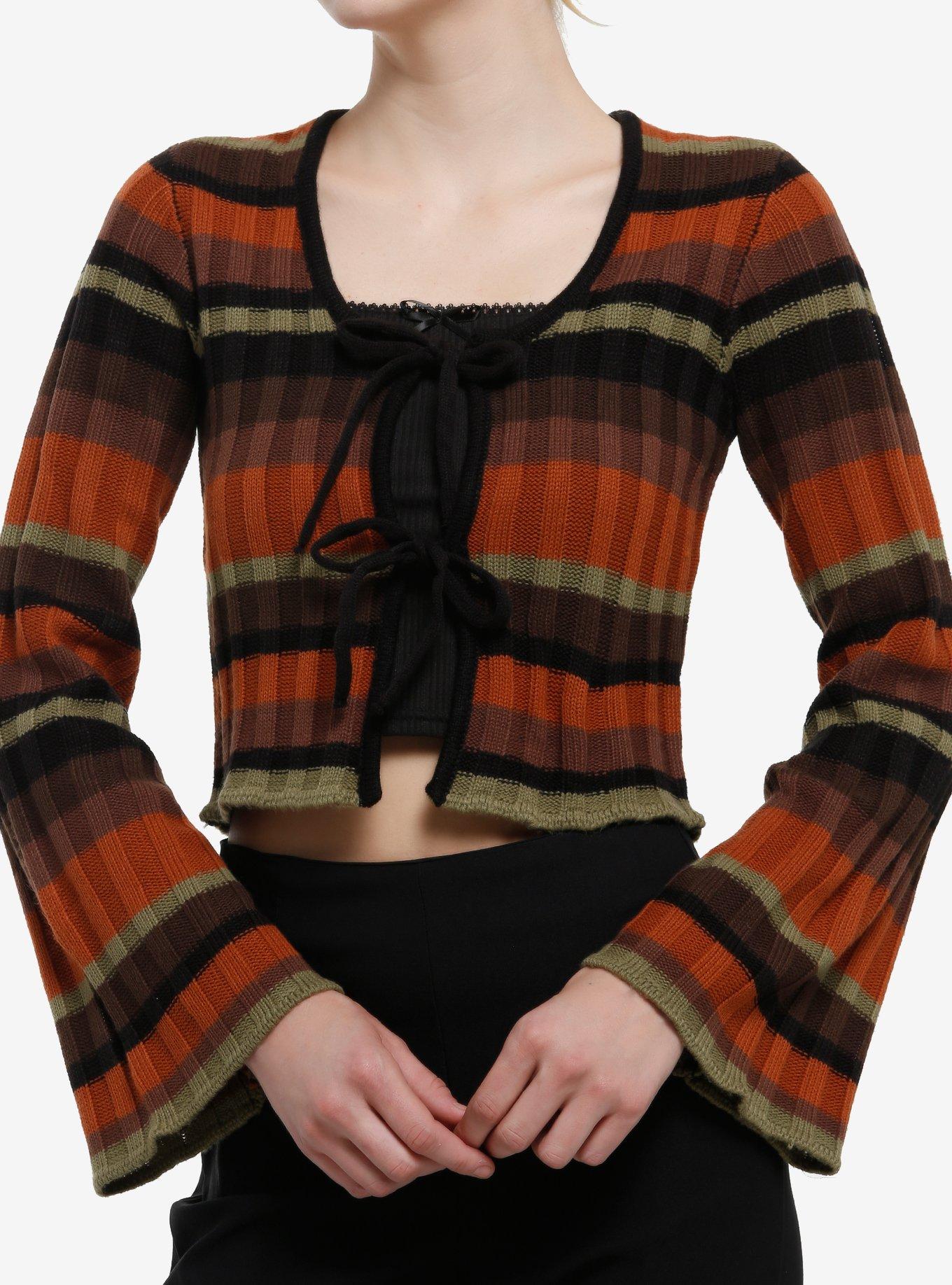 Thorn & Fable Orange Brown Green & Black Stripe Tie-Front Sweater, , hi-res
