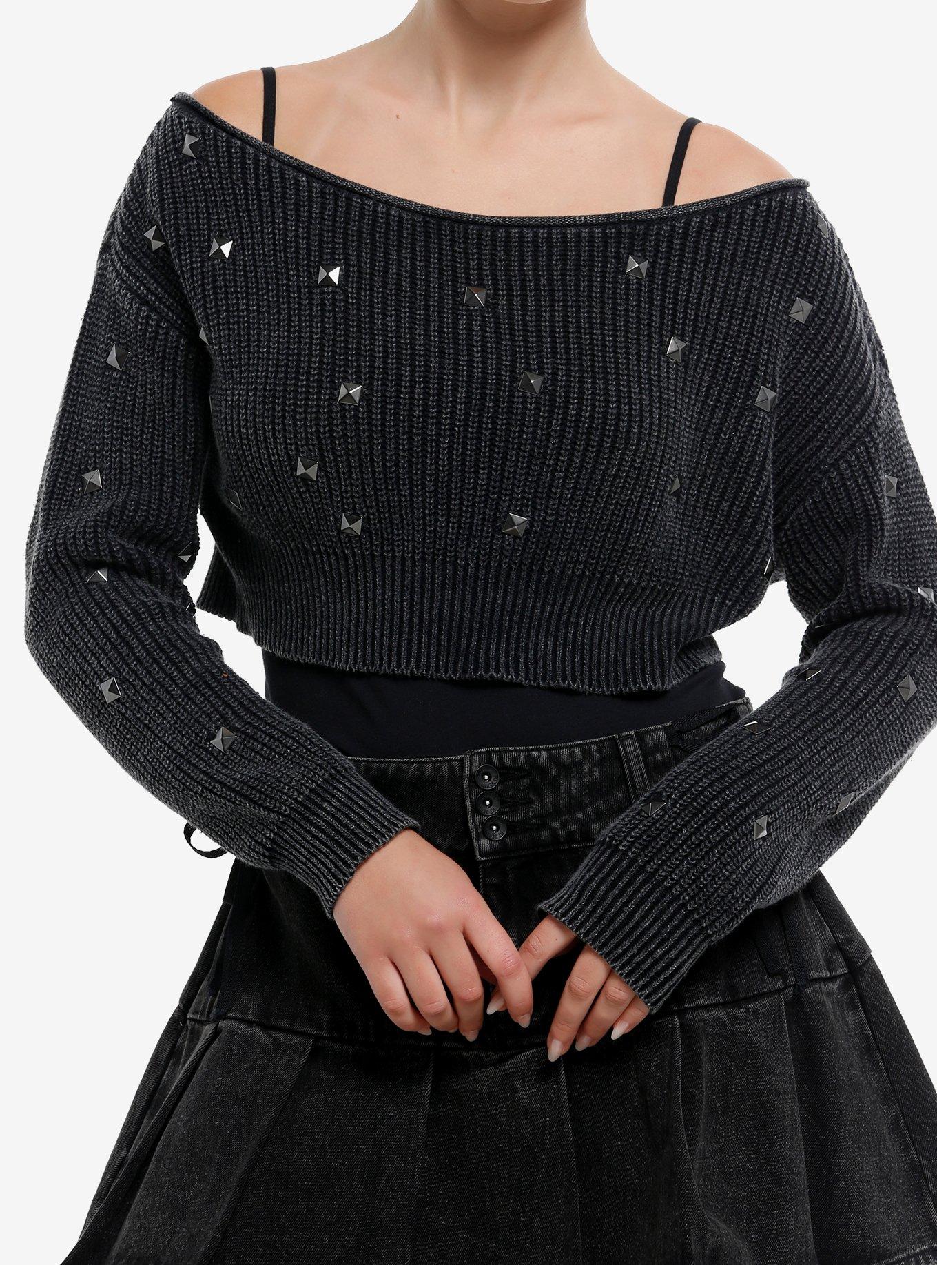 Social Collision Grey Knit Studded Girls Crop Sweater, , hi-res
