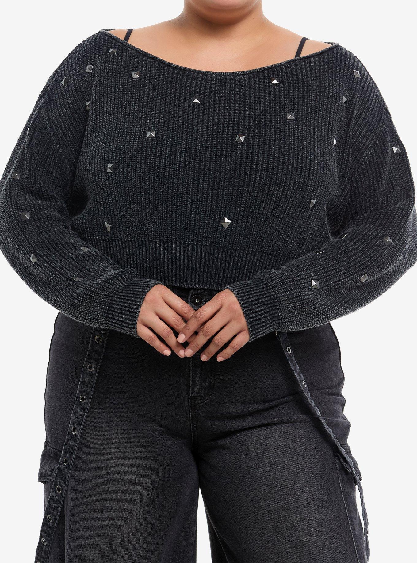 Social Collision Grey Knit Studded Girls Crop Sweater Plus Size, , hi-res