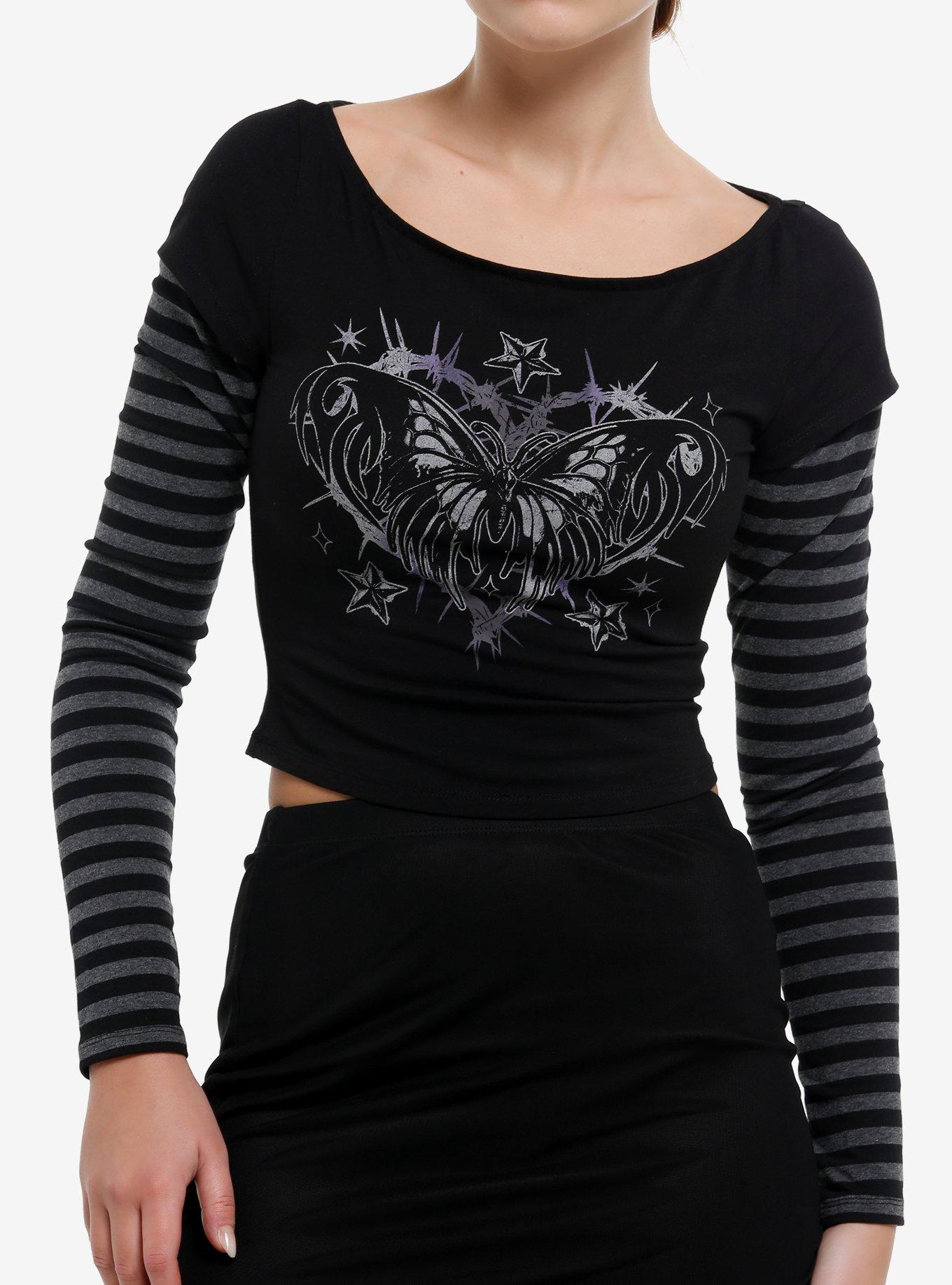 Social Collision Butterfly Stripe Girls Crop Long-Sleeve Twofer, , hi-res