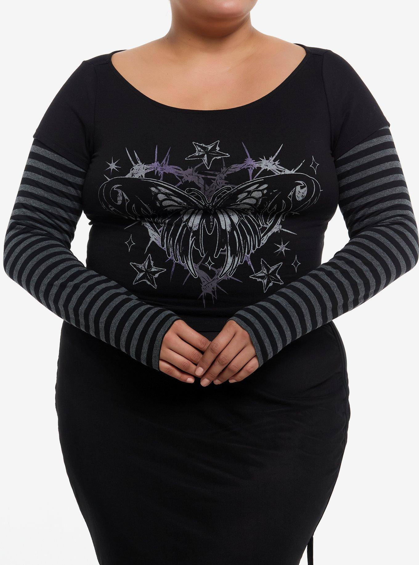 Social Collision Butterfly Stripe Girls Crop Long-Sleeve Twofer Plus Size, , hi-res