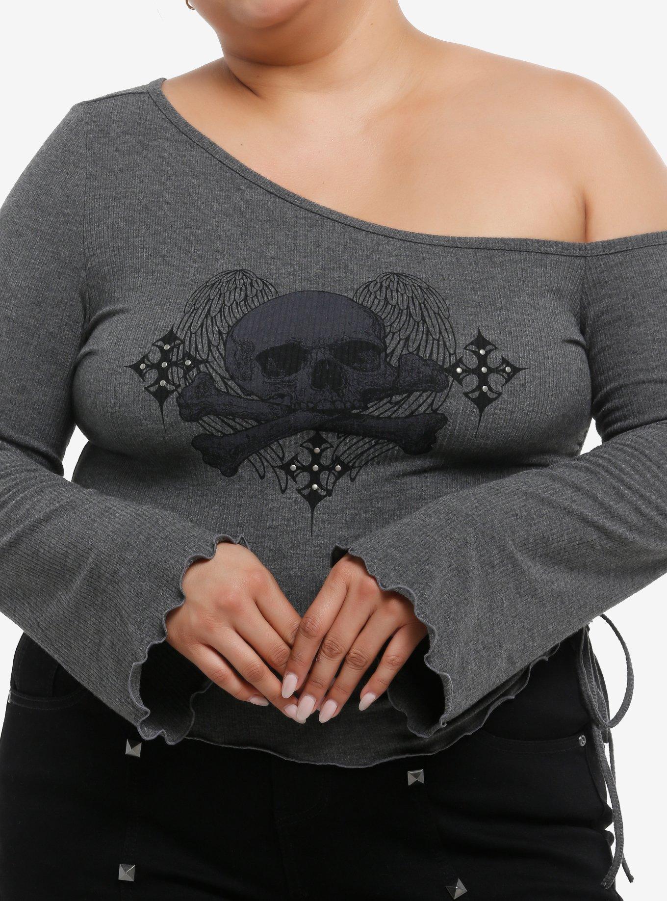 Social Collision Winged Skull Off-Shoulder Girls Crop Long-Sleeve Top Plus Size, , hi-res