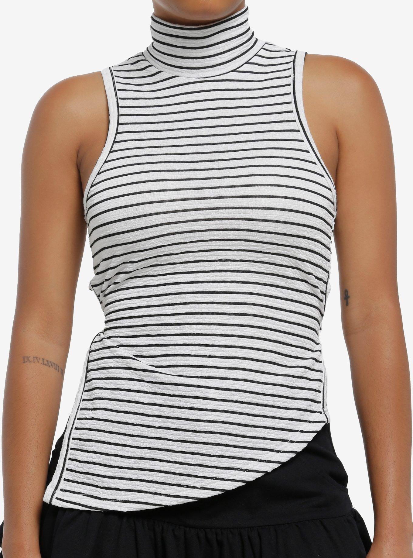 Social Collision Black & White Stripe Mock Neck Asymmetrical Girls Tank Top, , hi-res