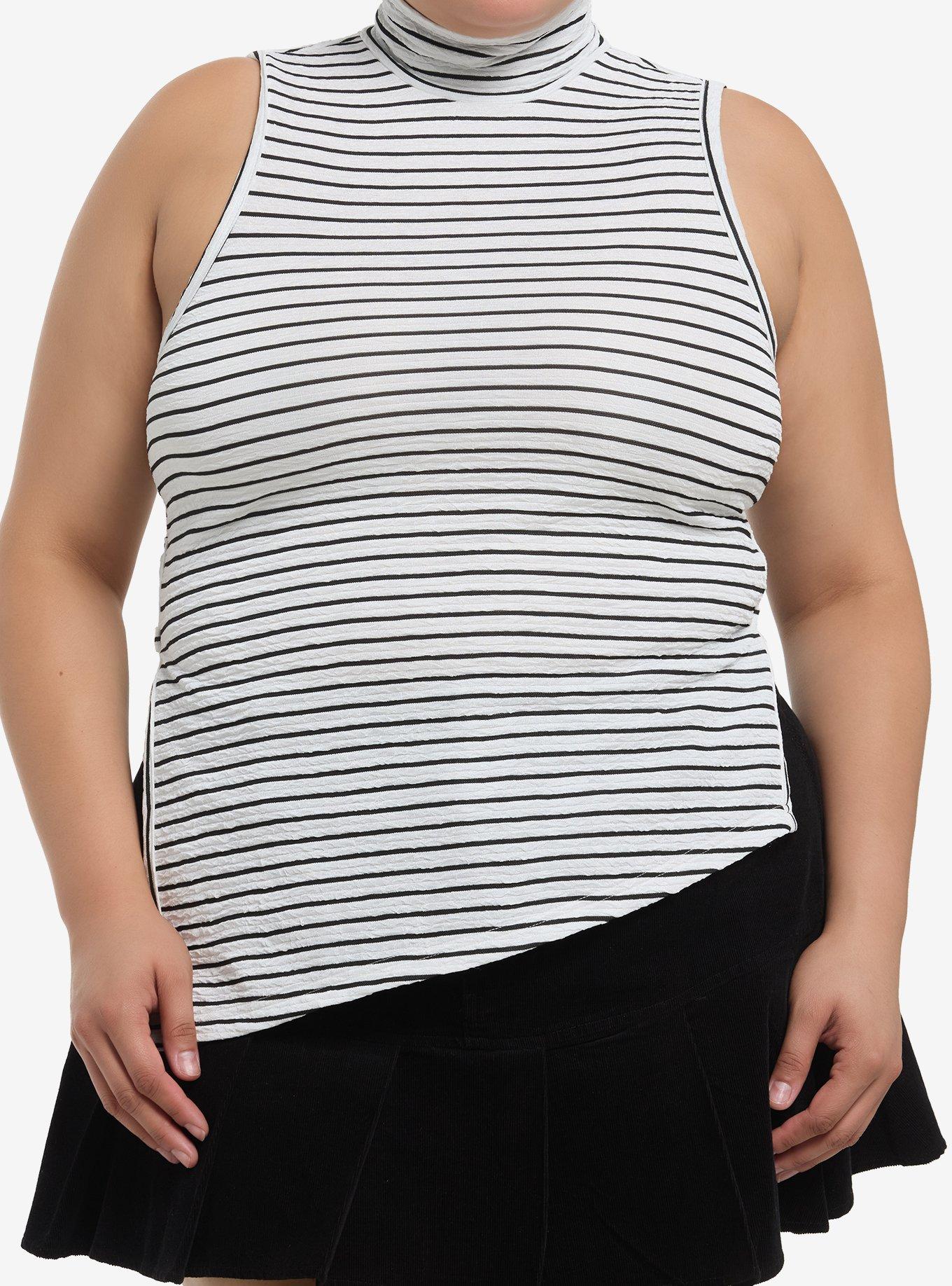 Social Collision Black & White Stripe Mock Neck Asymmetrical Girls Tank Top Plus Size, , hi-res