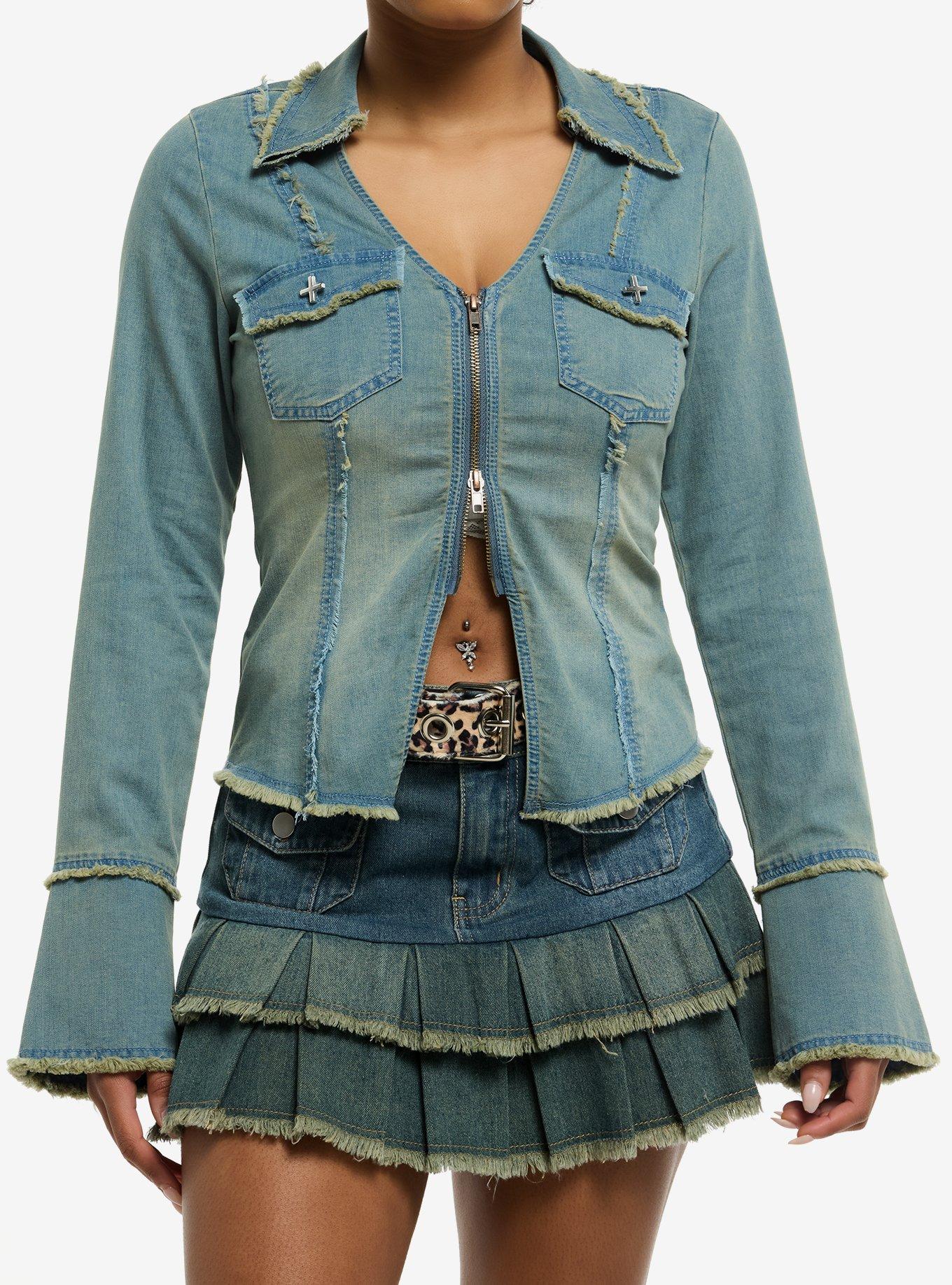 Social Collision Denim Raw Hem Double Zipper Girls Denim Jacket, , hi-res