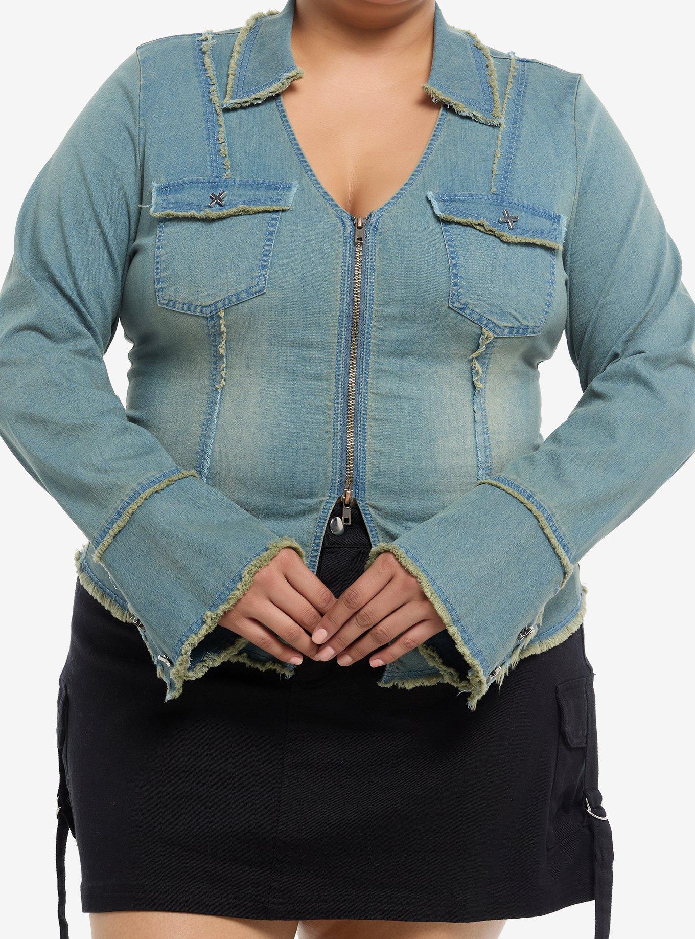 Social Collision Denim Raw Hem Double Zipper Girls Denim Jacket Plus Size, , hi-res