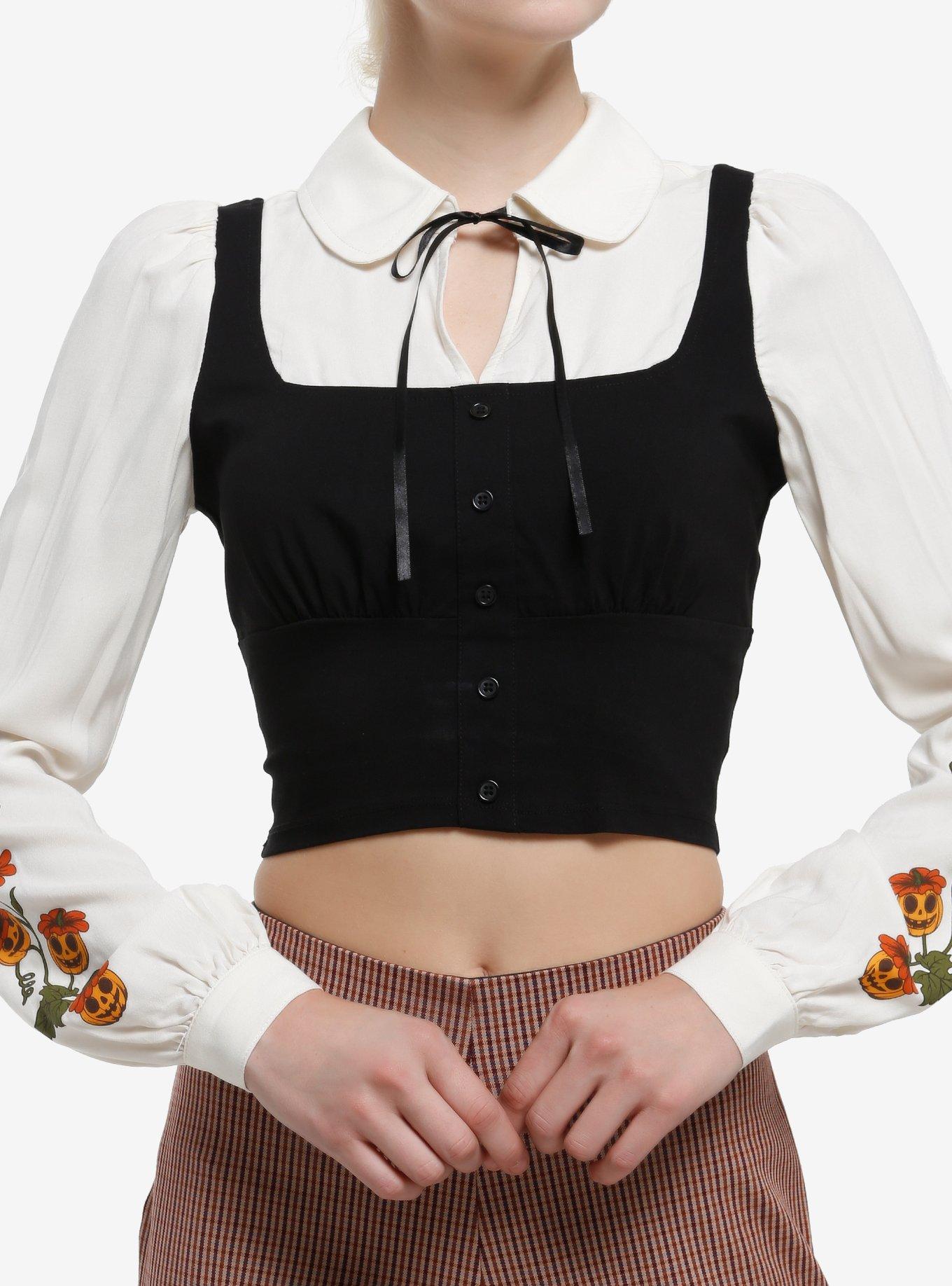 Thorn & Fable Pumpkin Flower Vest Twofer Long-Sleeve Top, , hi-res