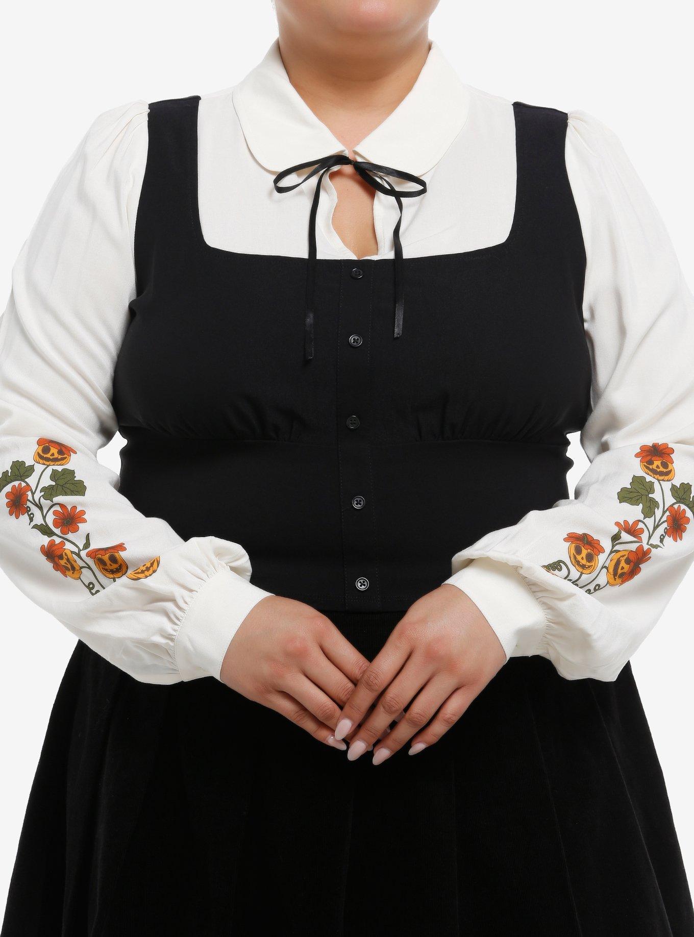 Thorn & Fable Pumpkin Flower Vest Twofer Long-Sleeve Top Plus Size, , hi-res