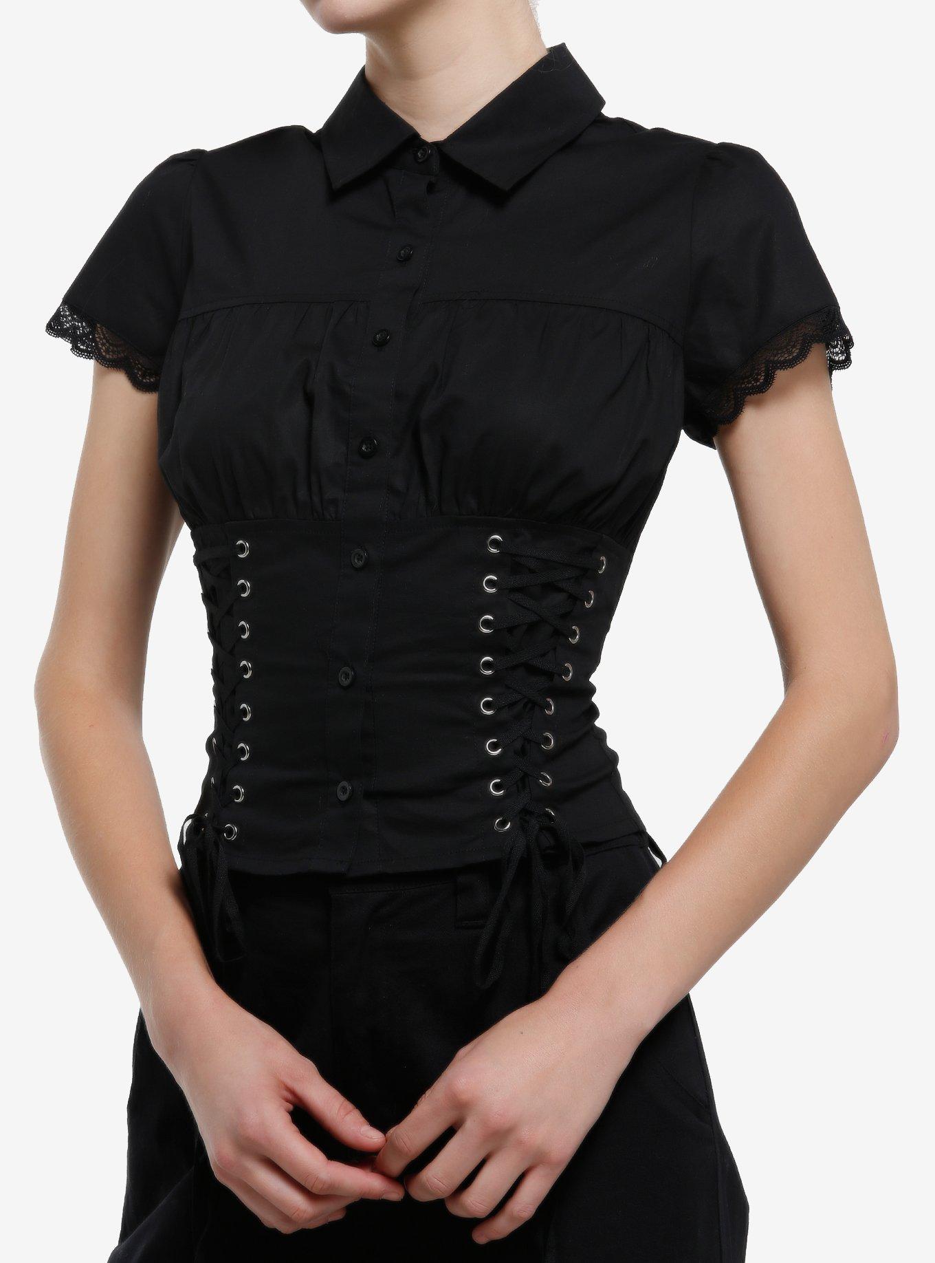 Social Collision Black Lace Up Girls Woven Button-Up, , hi-res