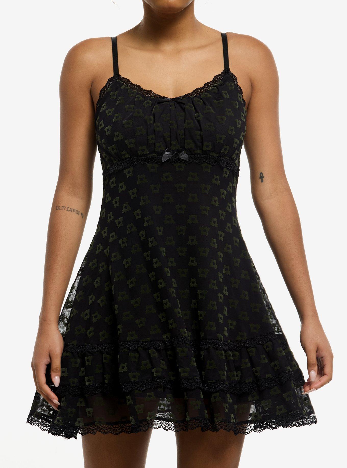 Thorn & Fable Green Frog Mesh Lace Cami Dress, , hi-res