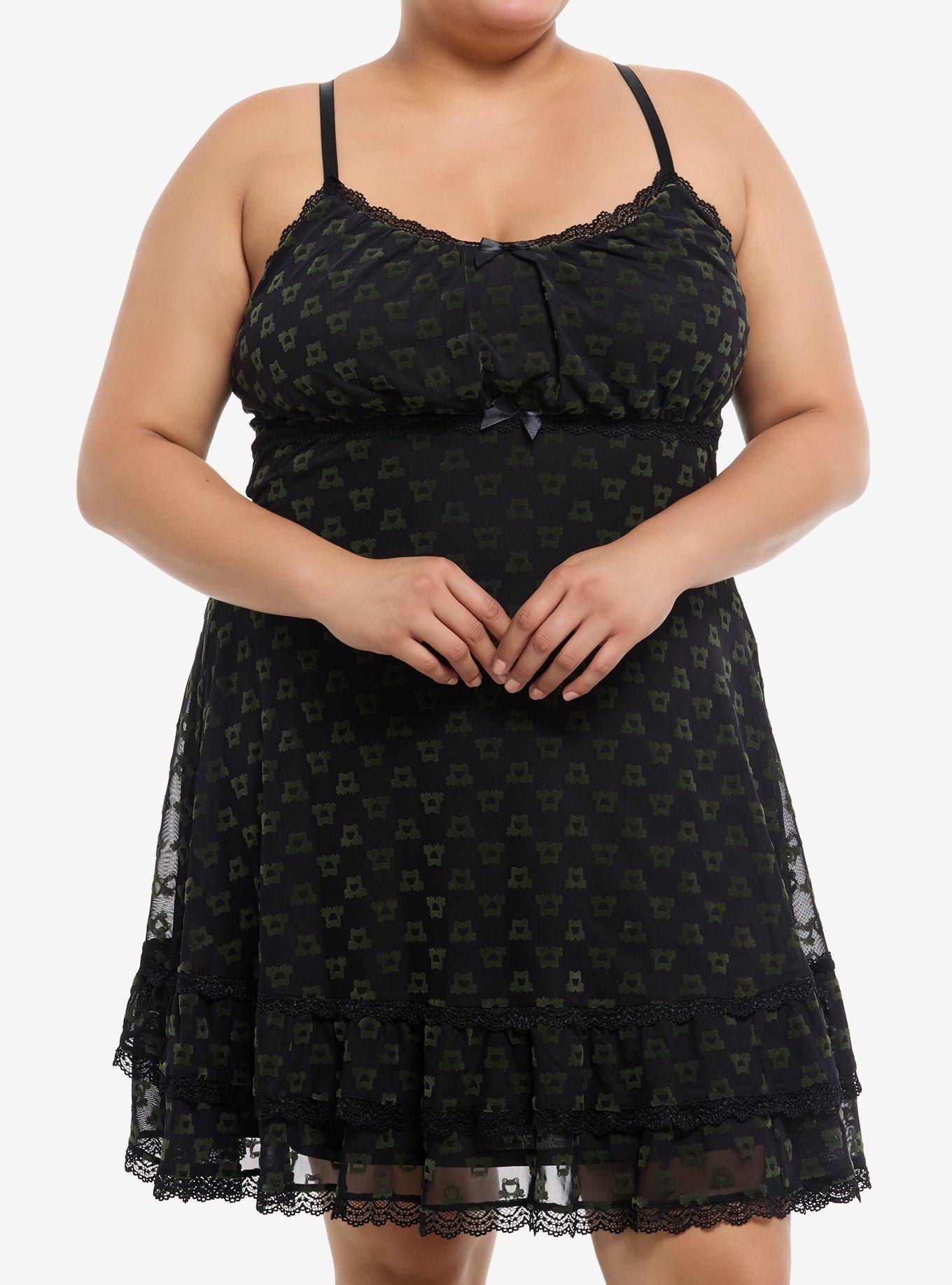 Thorn & Fable Green Frog Mesh Lace Cami Dress Plus Size, , hi-res