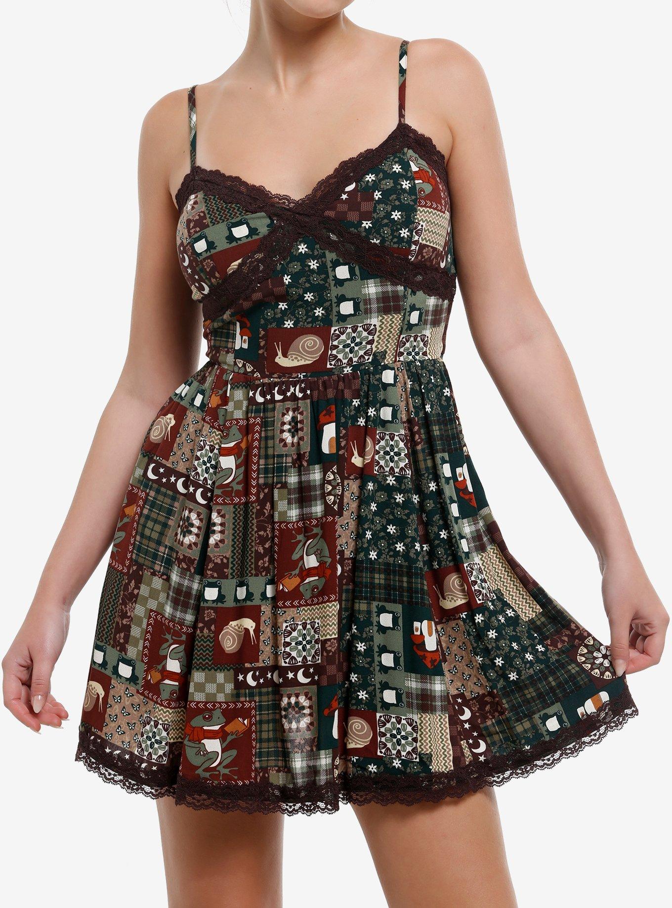 Thorn & Fable Reading Frogs Patchwork Print Slip Dress, , hi-res