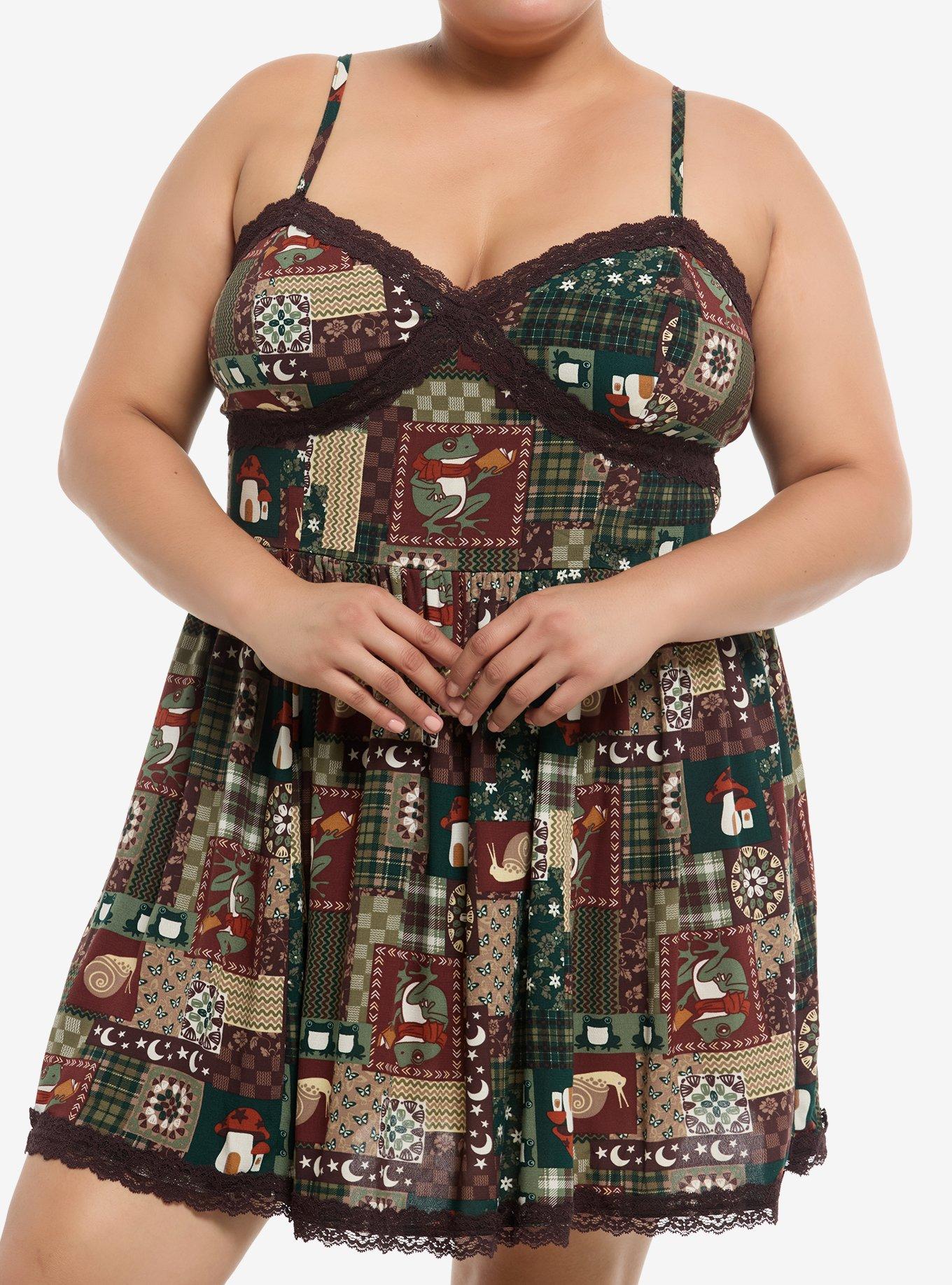 Thorn & Fable Reading Frogs Patchwork Print Slip Dress Plus Size, , hi-res