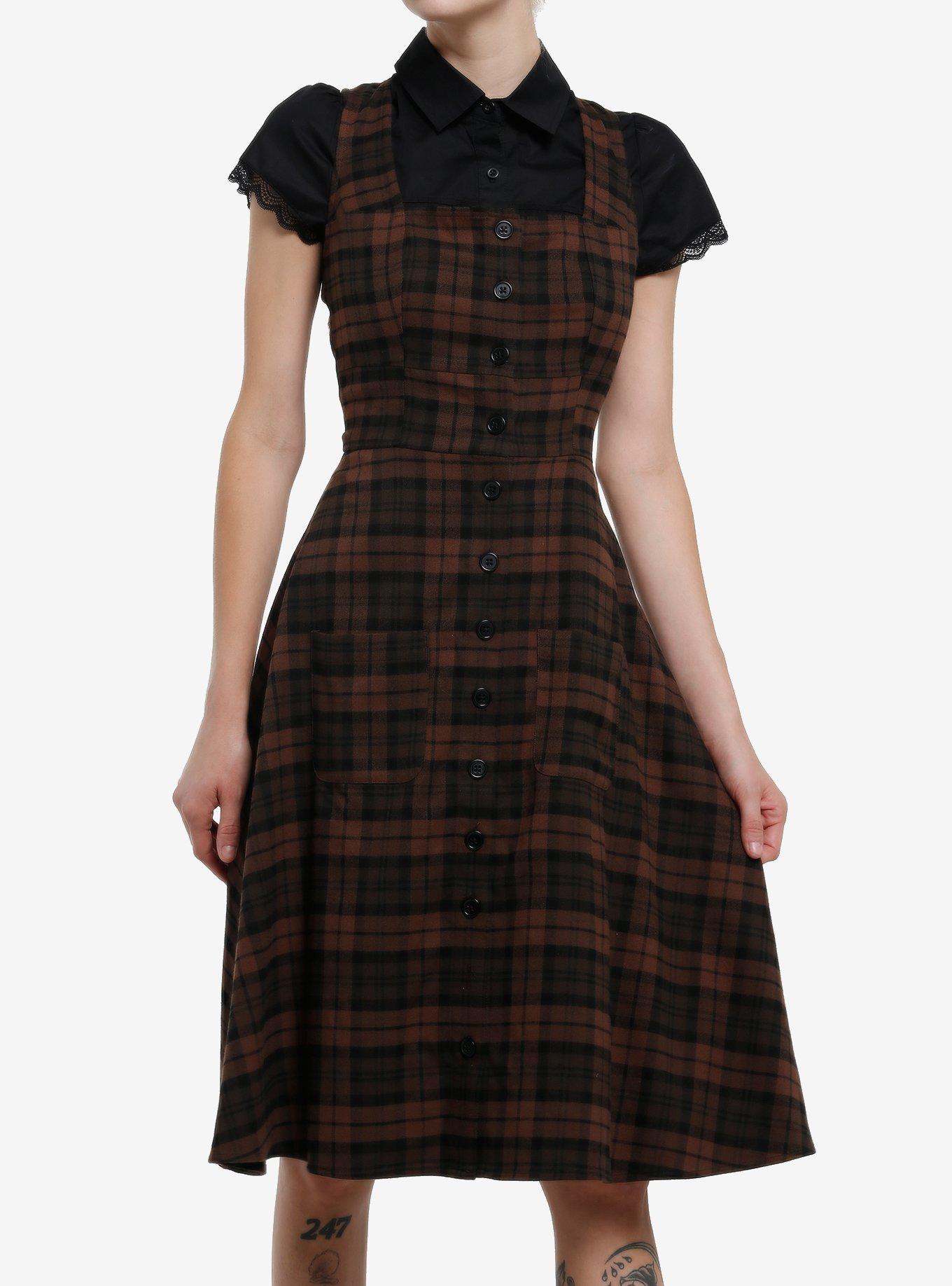 Thorn & Fable Brown Plaid Button-Down Tank Midi Dress, , hi-res