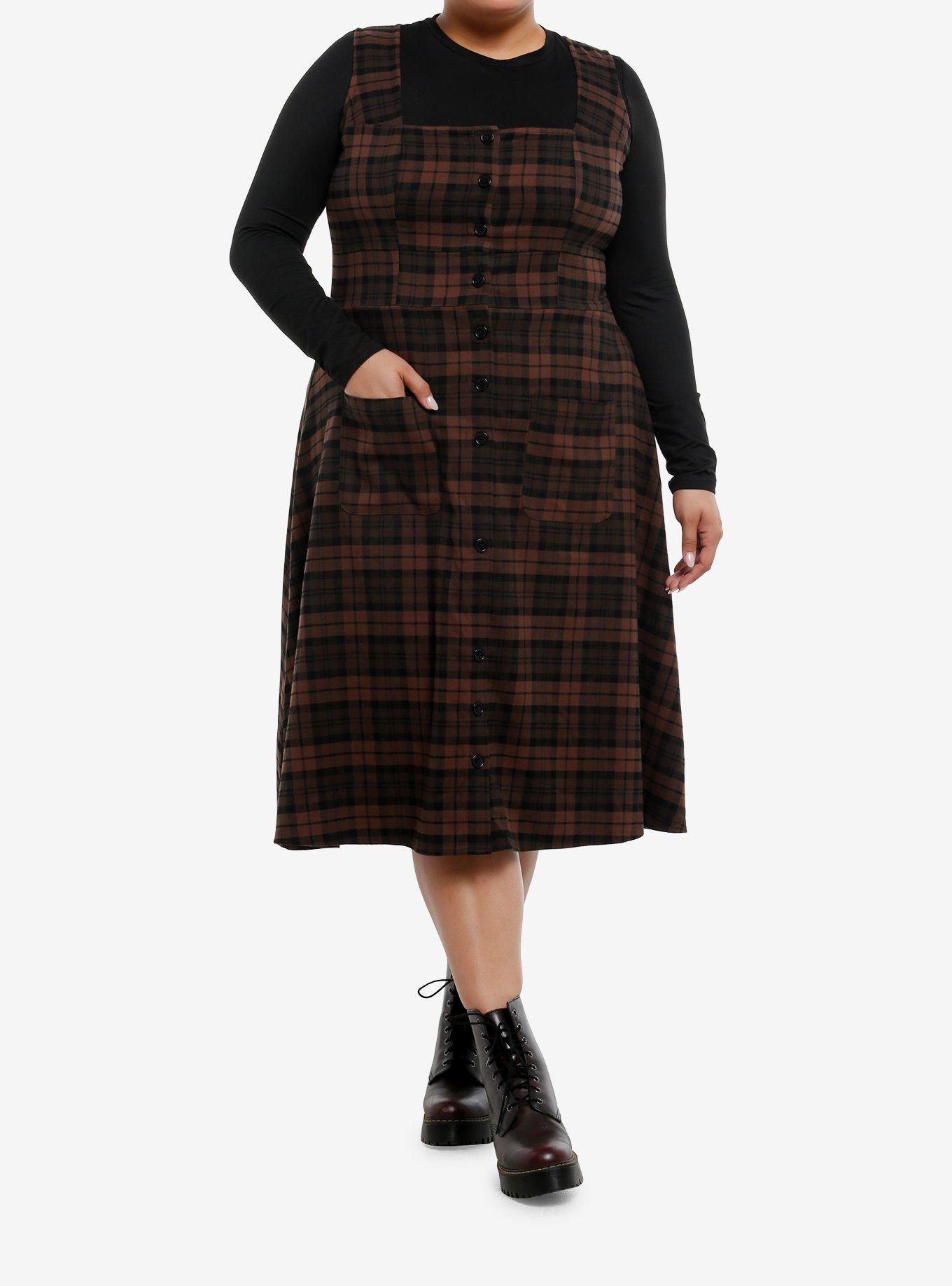 Thorn & Fable Brown Plaid Button-Down Tank Midi Dress Plus Size, , hi-res