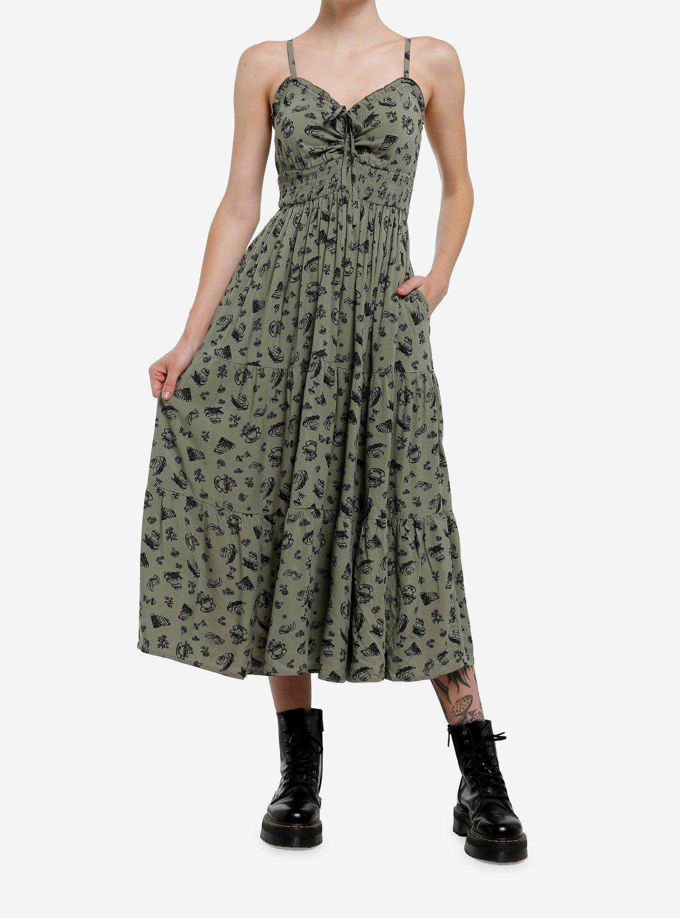 Thorn & Fable Green Mushroom Frog Tea Tiered Midaxi Dress, , hi-res