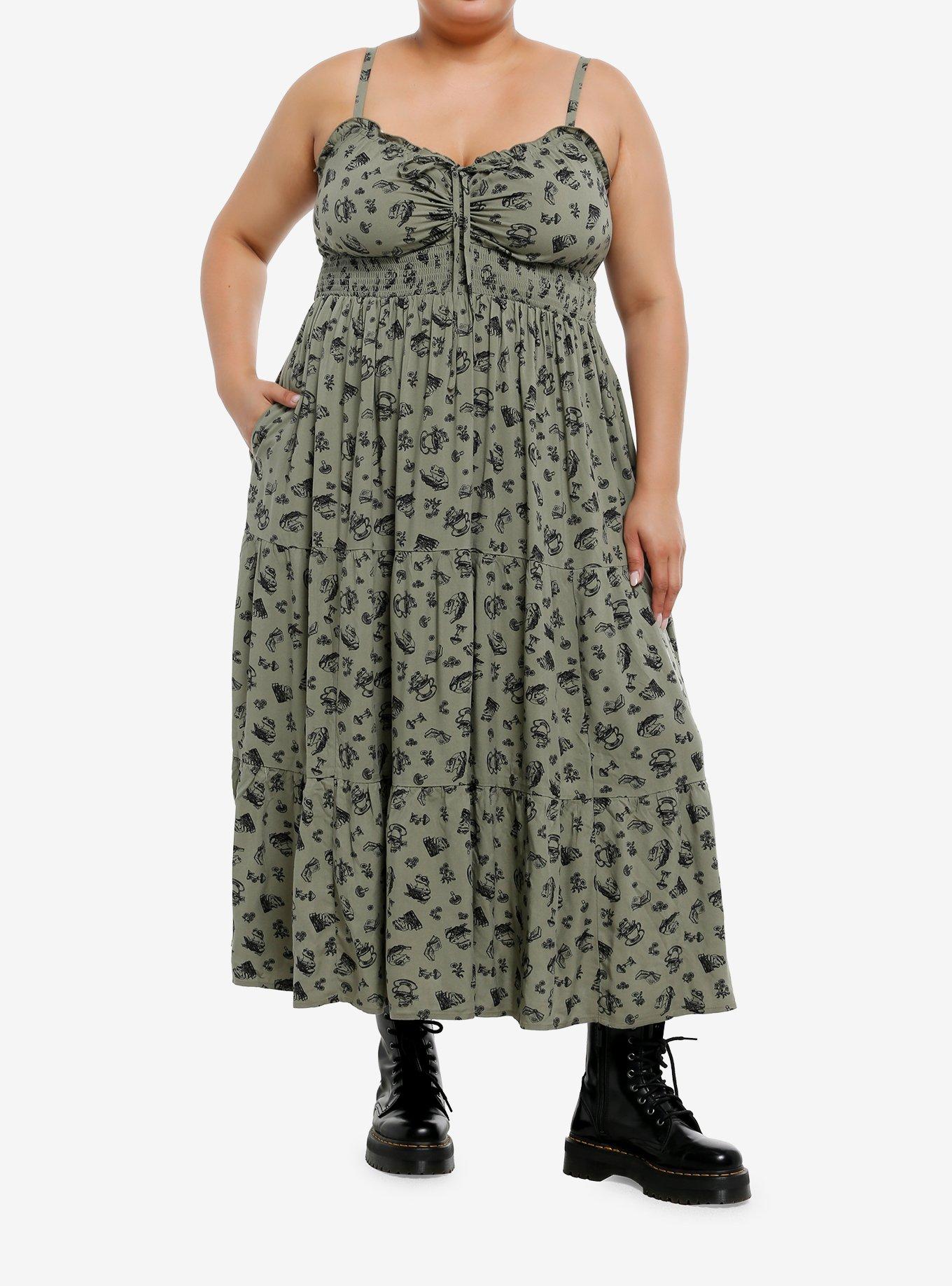 Thorn & Fable Green Mushroom Frog Tea Tiered Midaxi Dress Plus Size, , hi-res