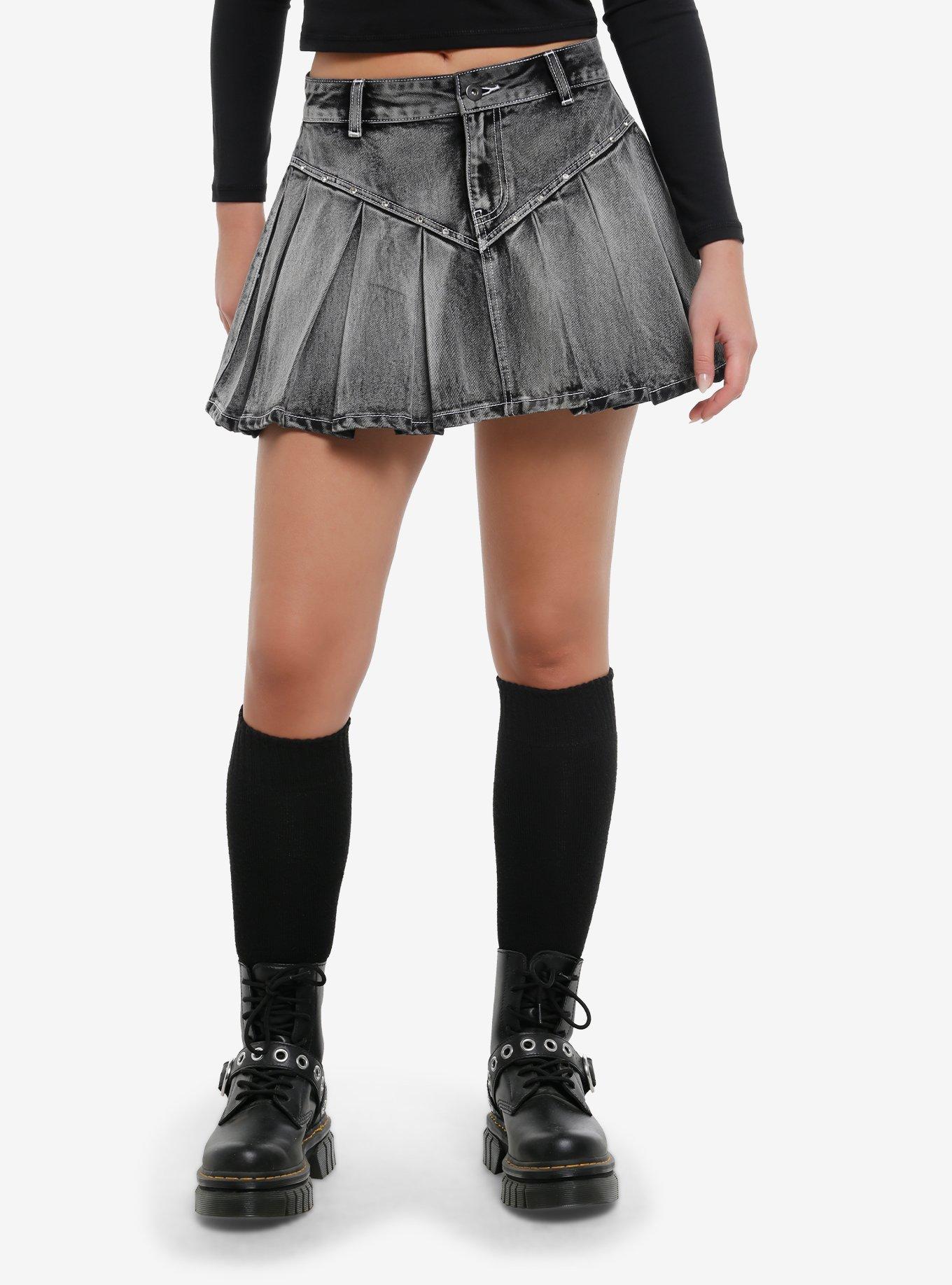 Social Collision Faded Black Denim & Rhinestone Pleated Mini Skirt, , hi-res