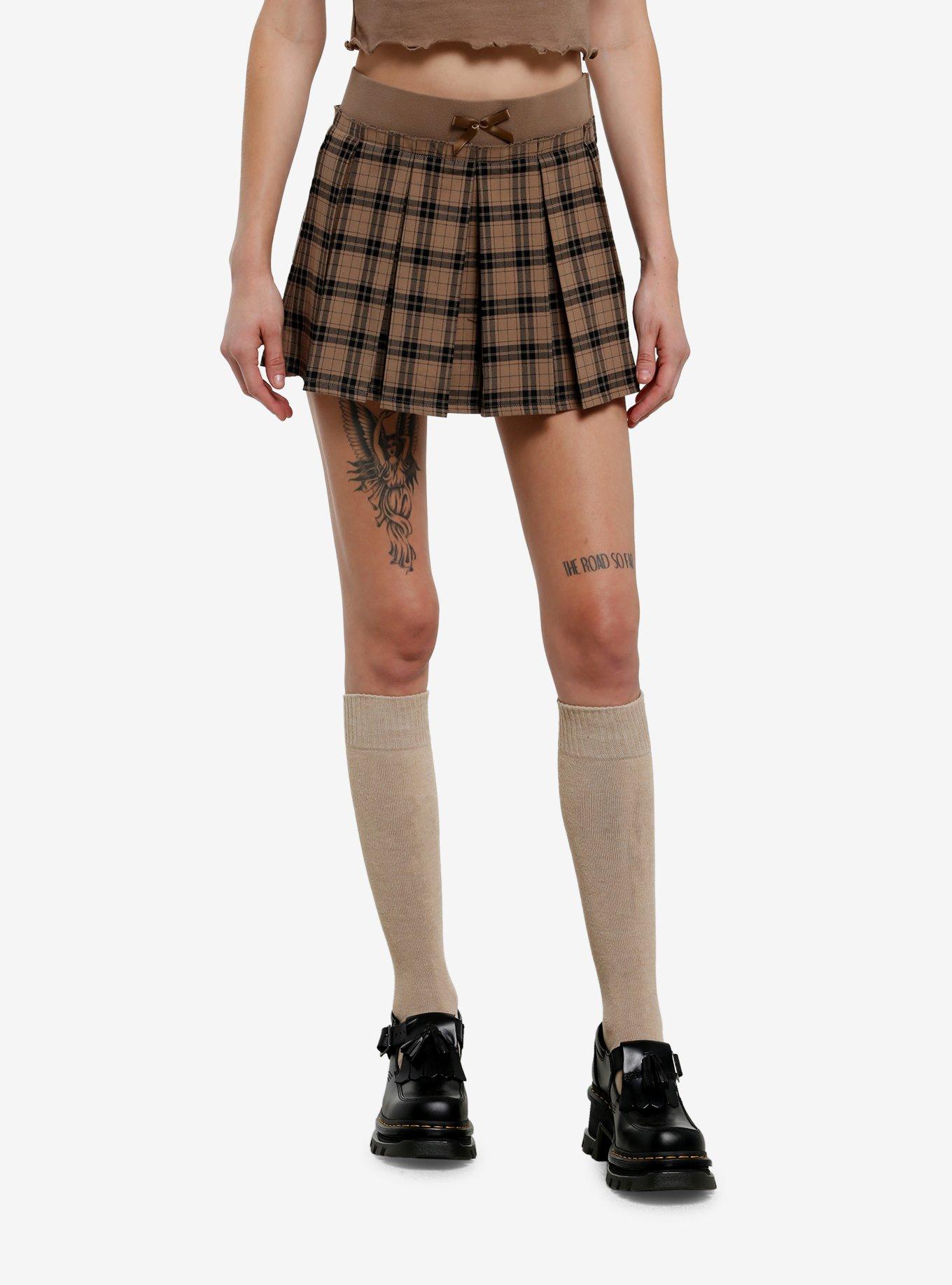Social Collision Brown & Black Plaid Pleated Pull-On Mini Skirt, , hi-res